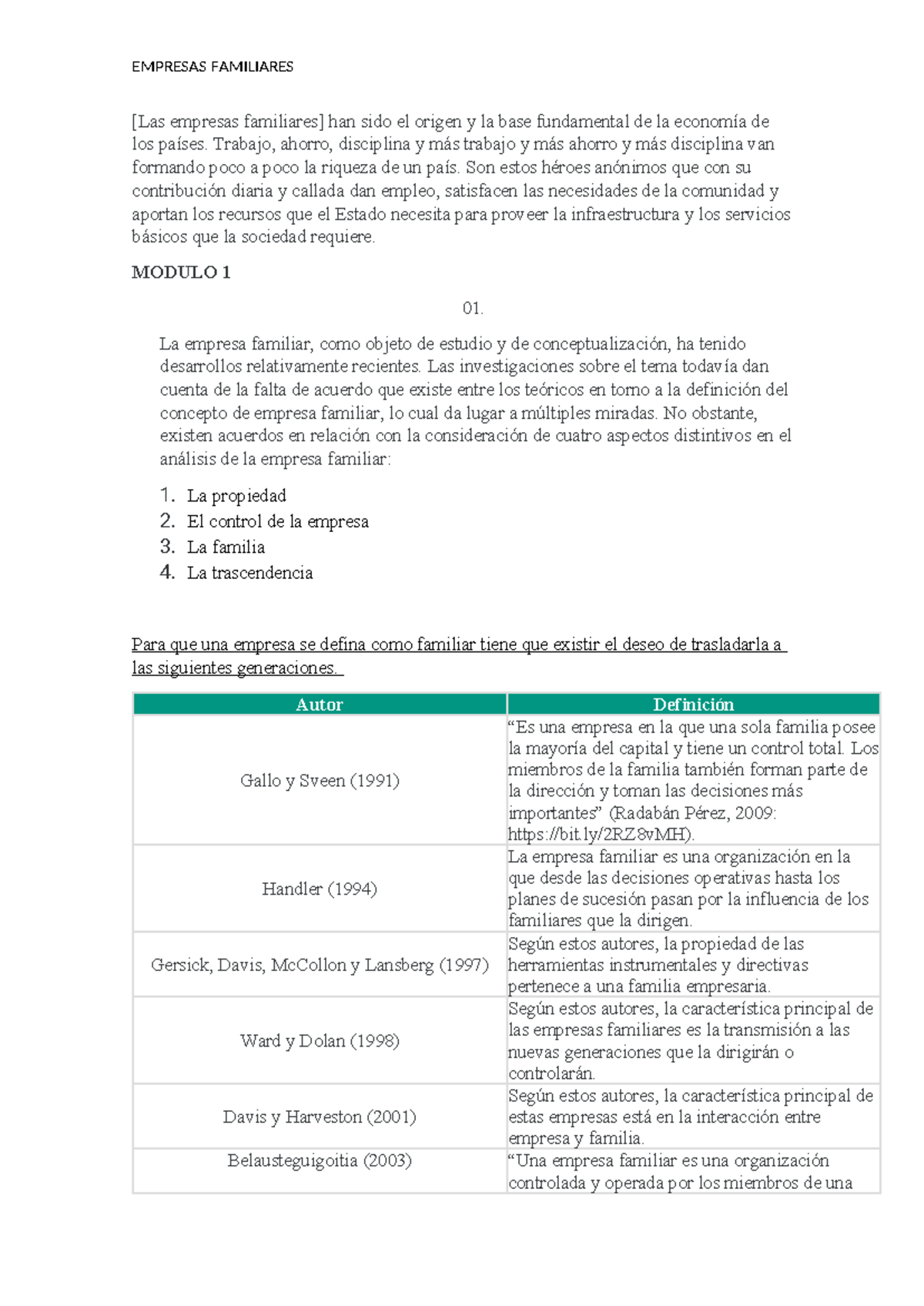Módulo 1 y 2: Resumen sobre Empresas Familiares y su Impacto - Studocu
