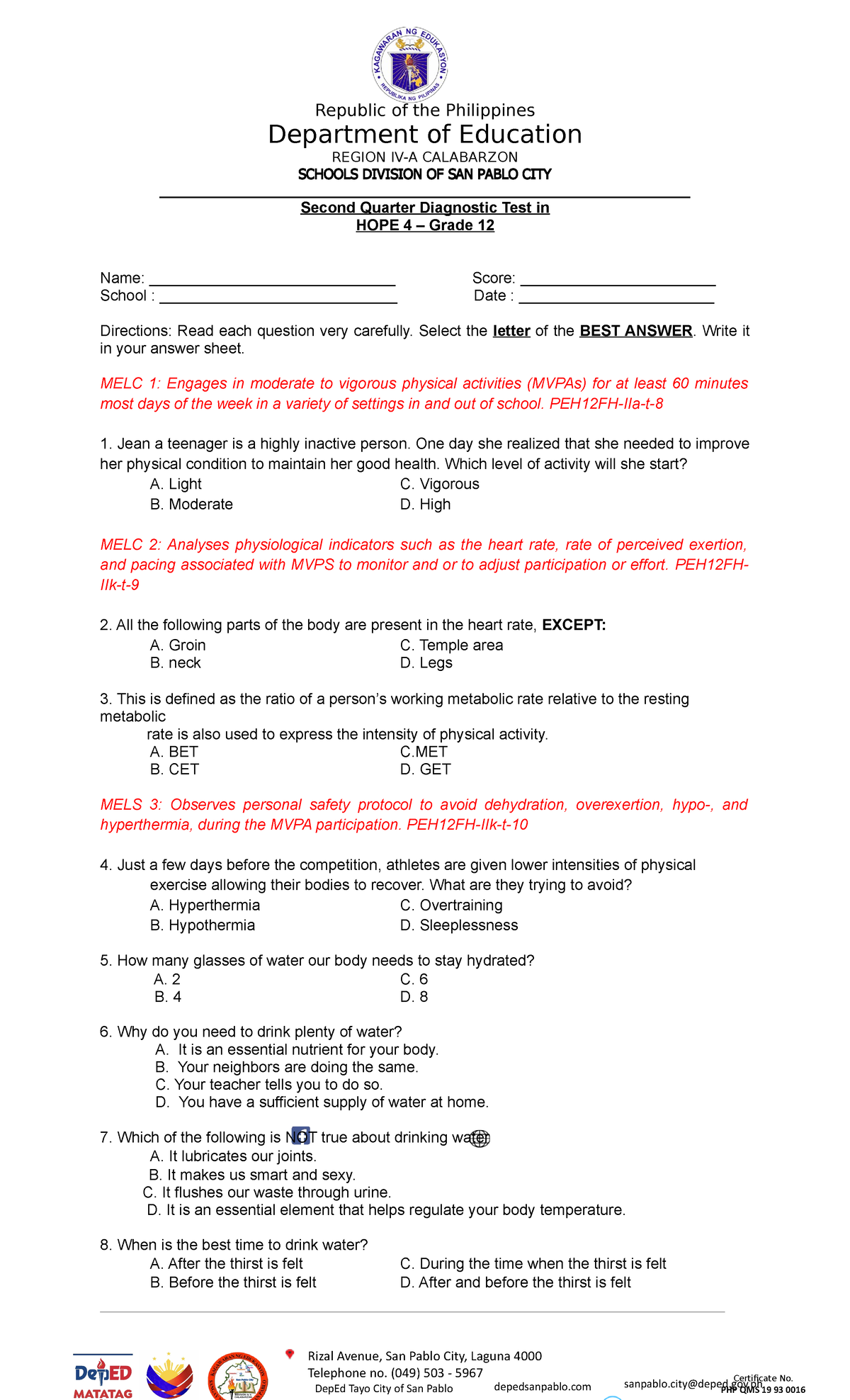 Second Quarter Diagnostic Test - HOPE 4 G12 (G2) by CBaylon - Studocu
