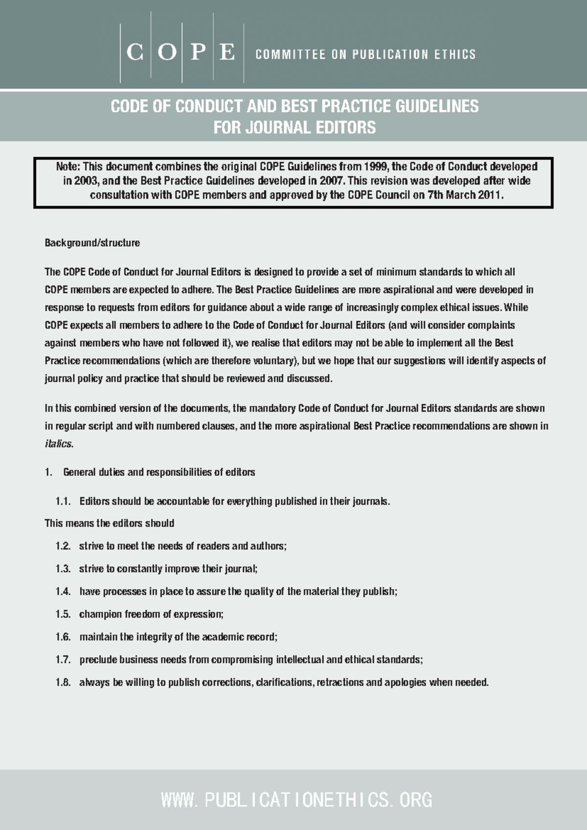 Code of Conduct for Journal Editors: COPE Guidelines Overview - Studocu