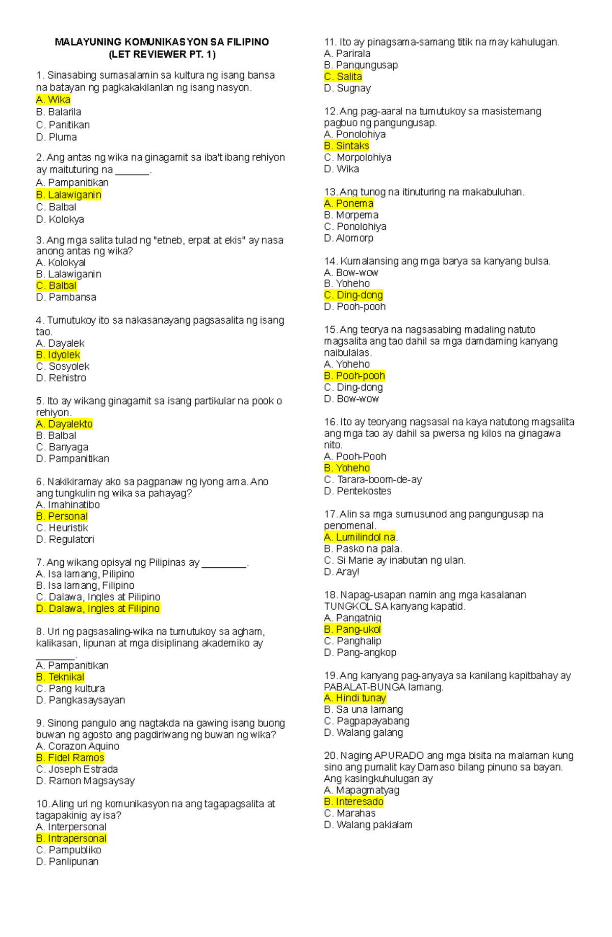 Reviewer MKs F 1 - Malayuning Komunikasyon sa Filipino (Part 1) - Document Preview