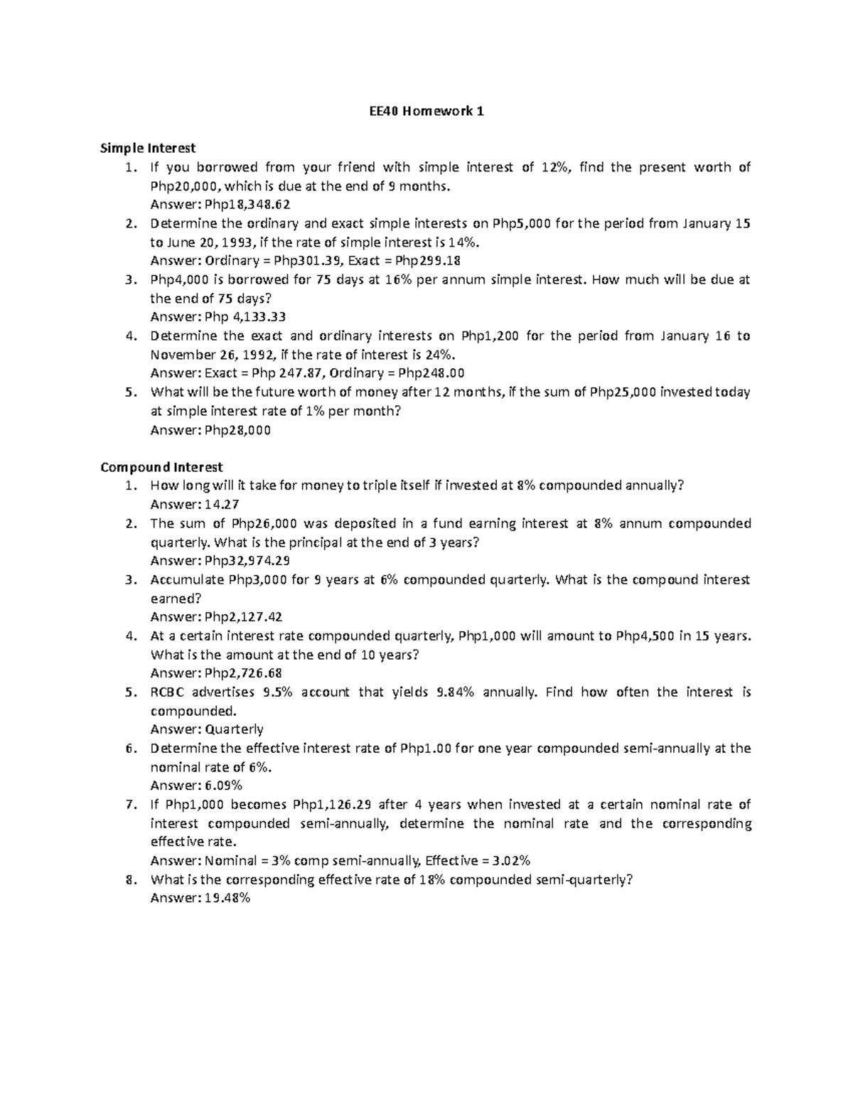 Cp E 2 Homework 1 - Goodluck! - EE40 Homework 1 Simple Interest If you ...