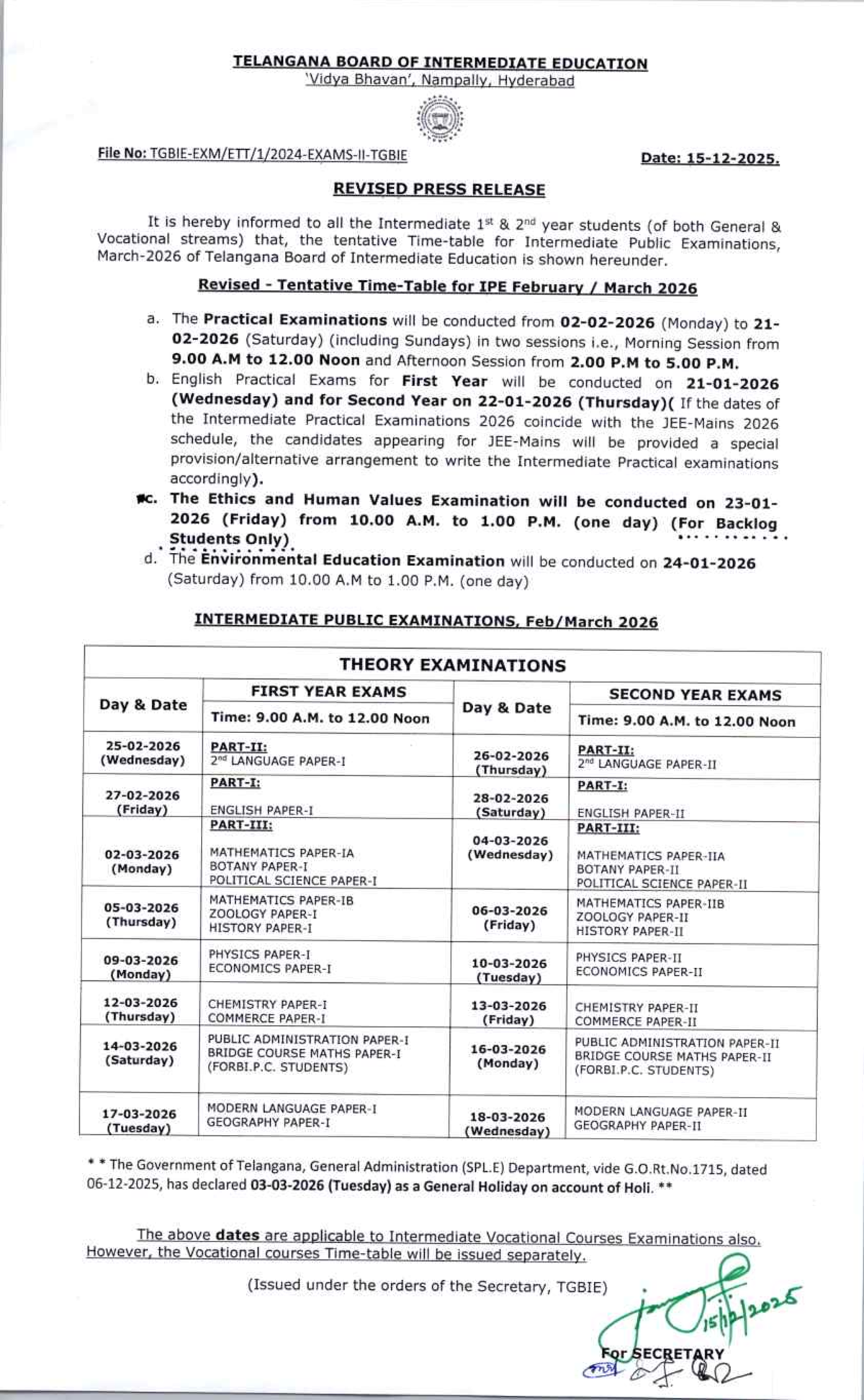 Revised IPE Time Table for Intermediate Exams - March 2026 - Studocu