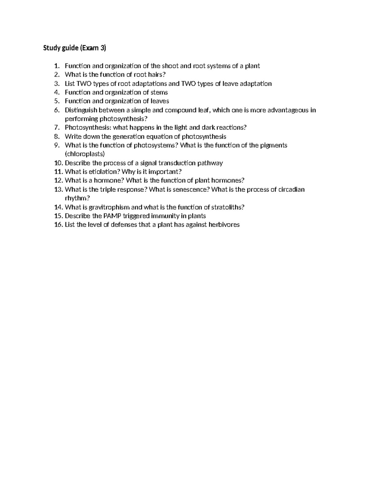 Biology Study Guide: Plant Systems for Exam 3 - Study guide (Exam 3) 1 ...
