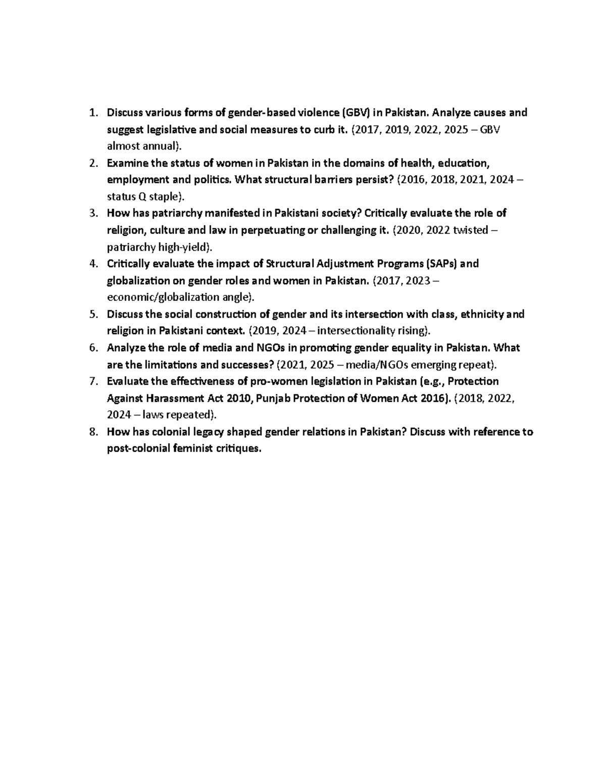 Gender Studies Past Questions: GBV, Women's Status & Patriarchy in ...