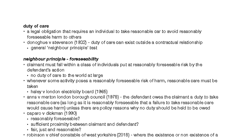 Duty of Care: Key Legal Principles and Case Law Notes - Studocu
