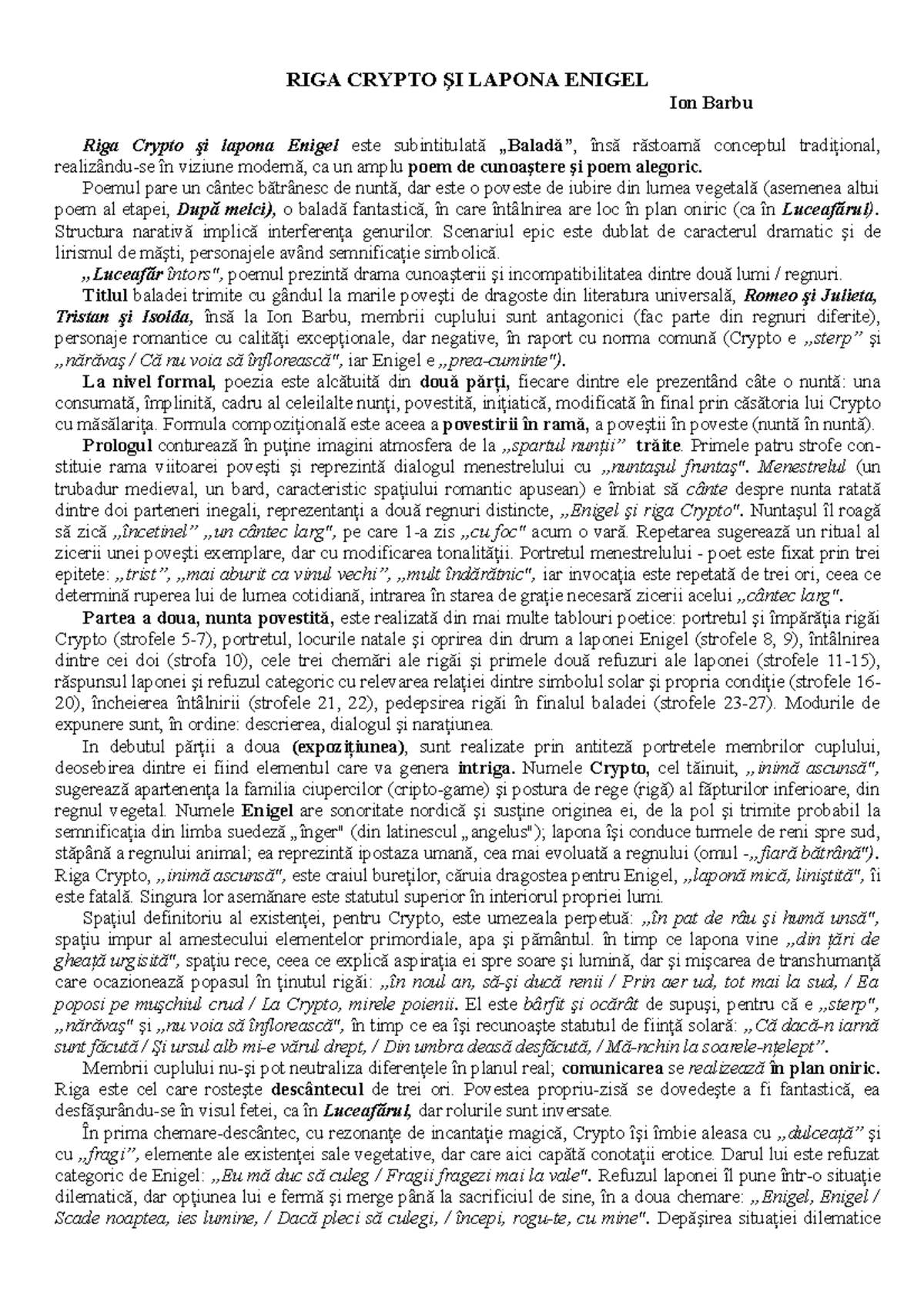 Riga Crypto şi lapona Enigel: Analiză poetică şi simbolism - Studocu