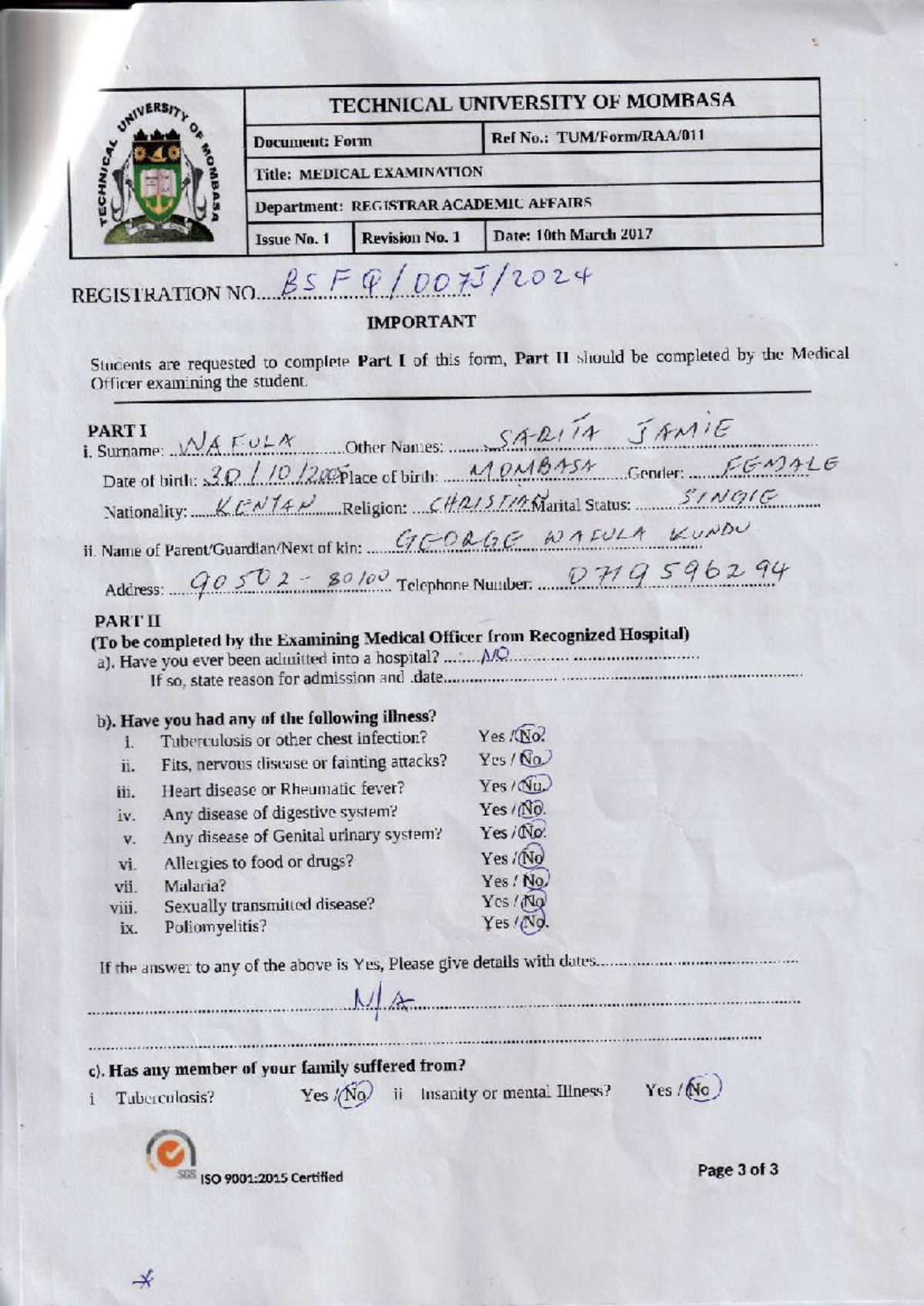 Medical Examination Form - TUM/Form/RAA/ - Revision 1 - Studocu