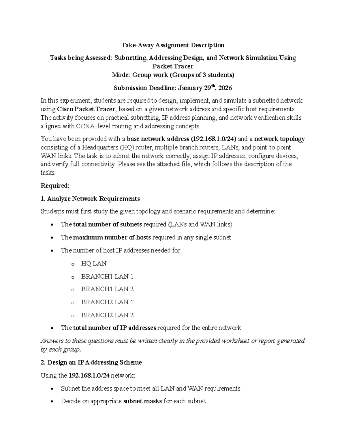 SCO300 Lab Assignment: Subnetting & Network Design Using Packet Tracer ...