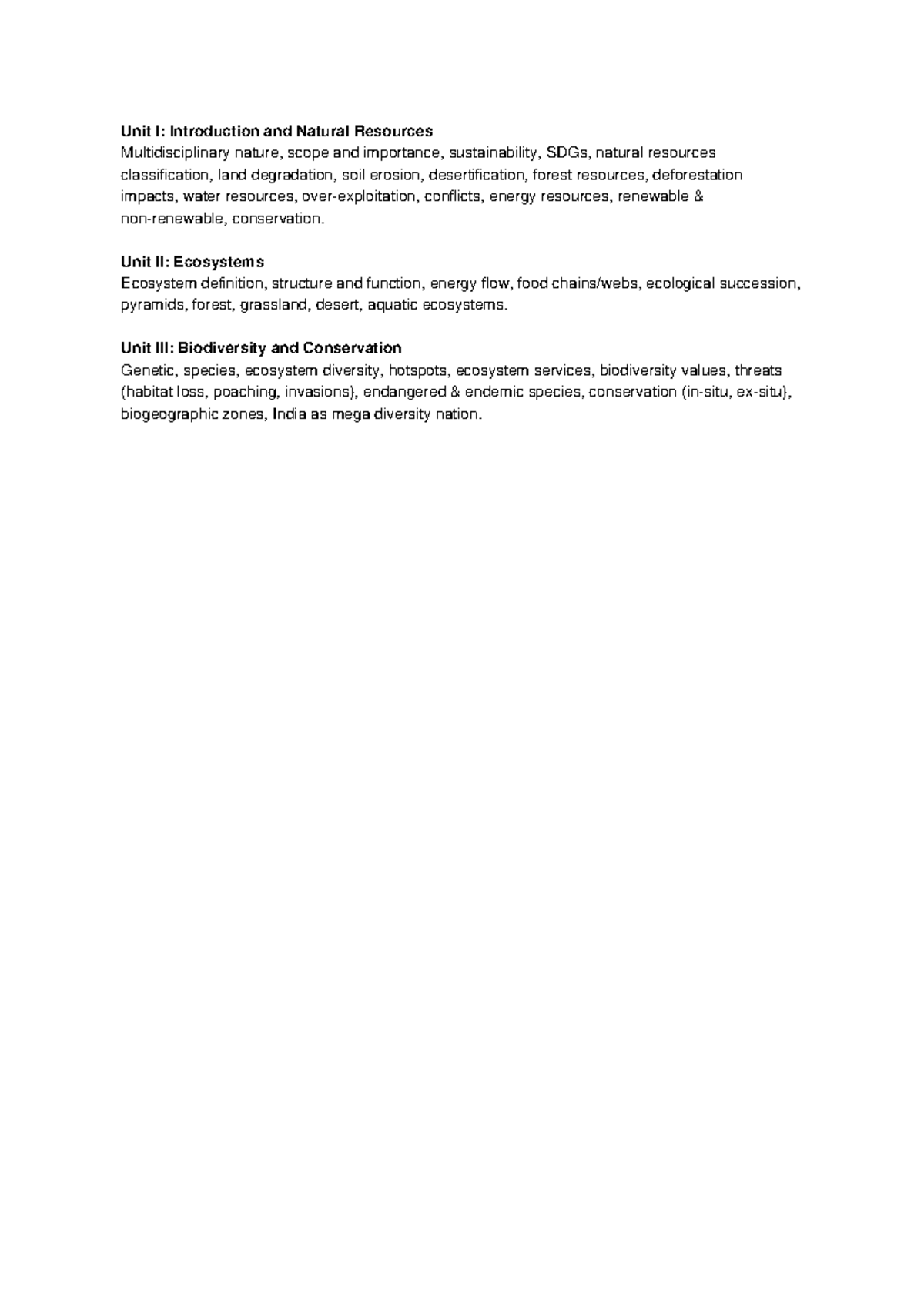 ENV 101: Environmental Studies Syllabus - Units I to III Overview - Studocu