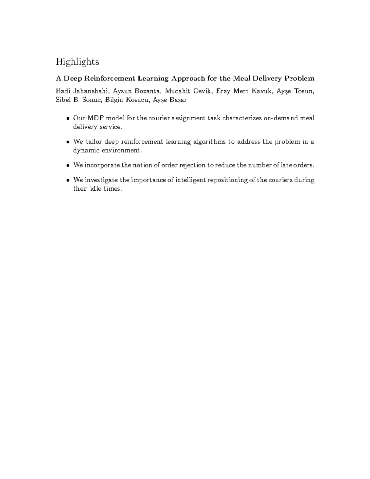 Highlights: A Deep Reinforcement Learning Approach for Meal Delivery ...