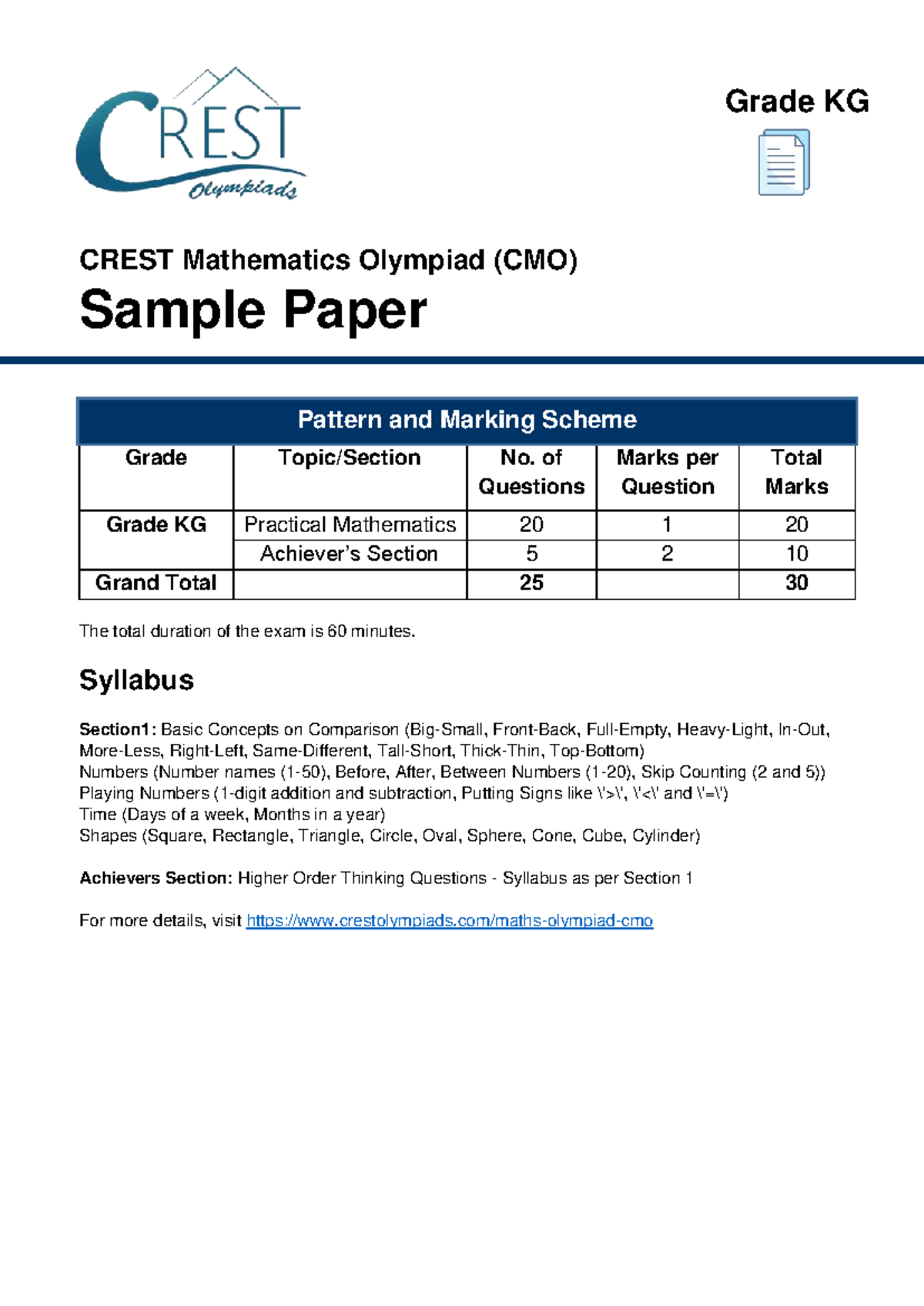 Grade KG CMO Mathematics Olympiad Sample Paper & Marking Scheme - Studocu