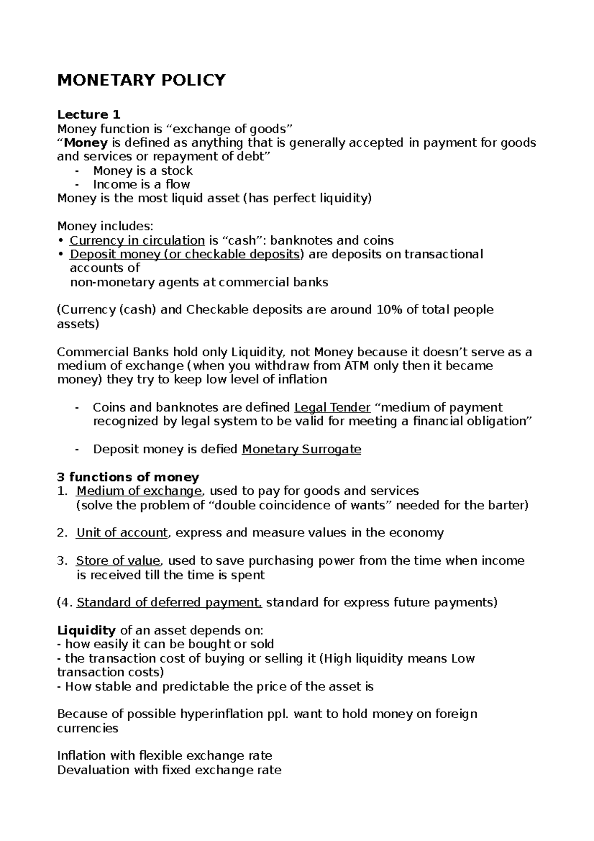 Monetary Policy 1:8 - Lecture Notes on Money Functions and Supply - Studocu
