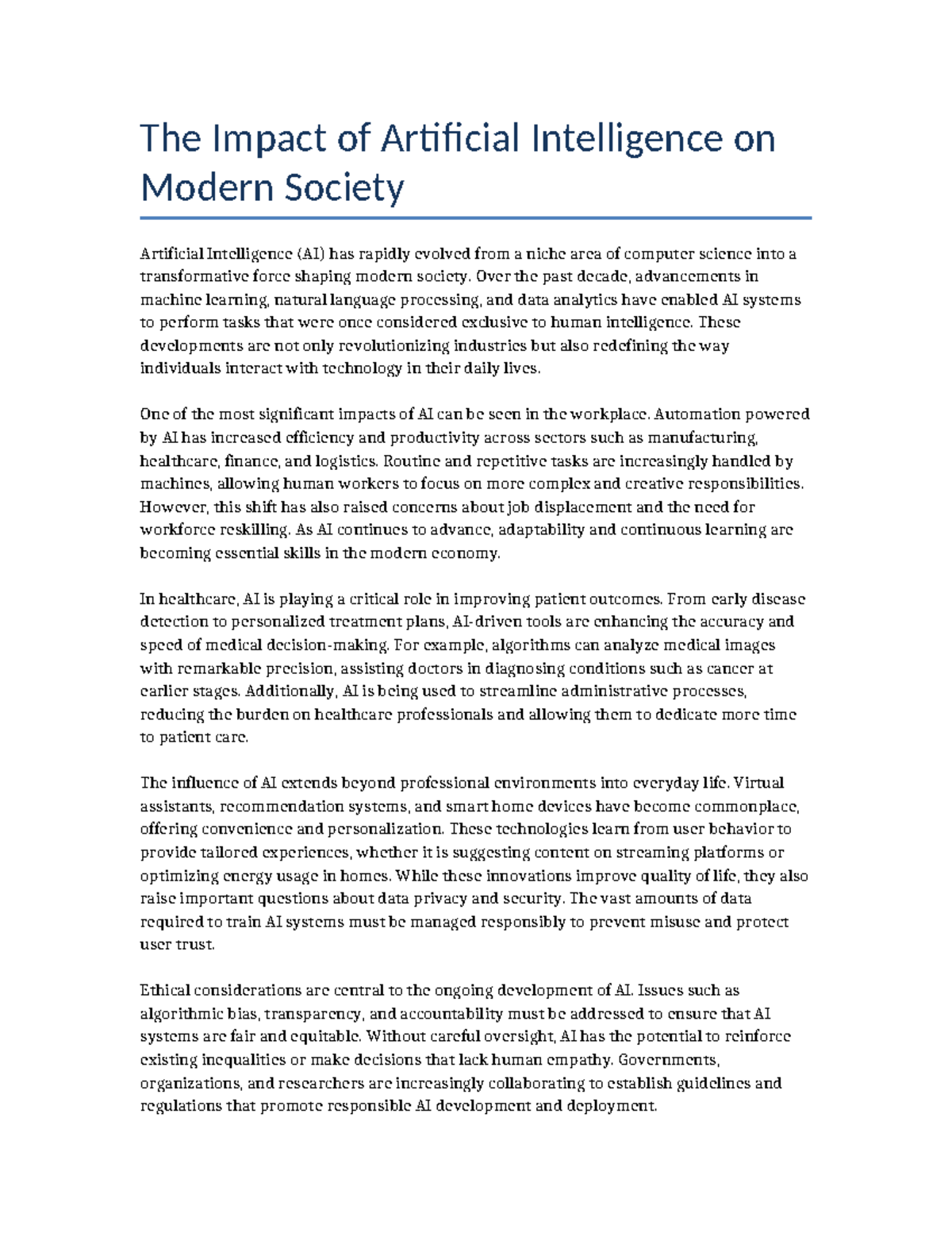 AI Impact Report: Transforming Modern Society and Its Challenges - Studocu