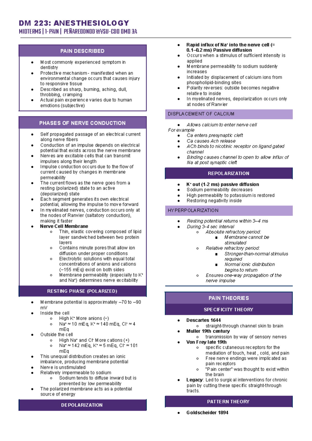 DM 223: ANESTHESIOLOGY MIDTERM NOTES ON PAIN MECHANISMS AND CONTROL ...