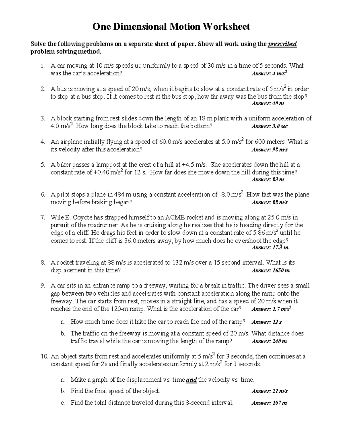 Unit 1 One Dimensional Motion Practice Problems - Studocu