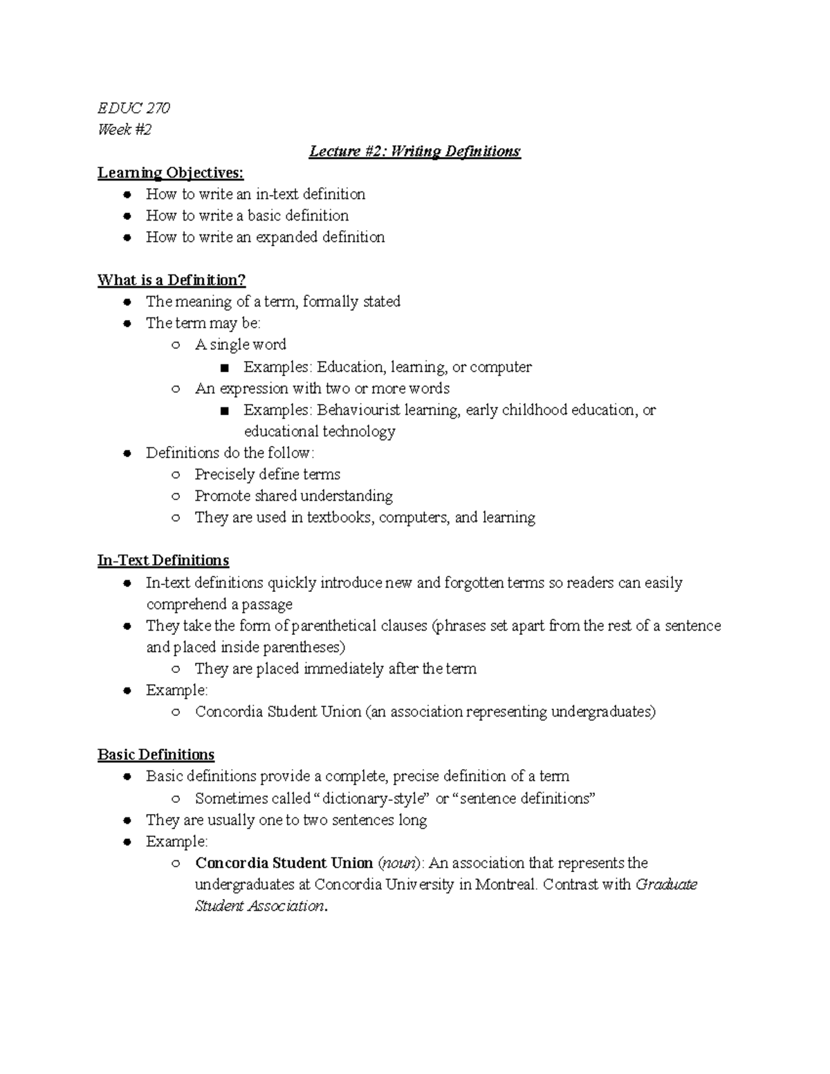 EDUC 270 - Lecture #2 - EDUC 270 Week # Lecture #2: Writing Definitions ...