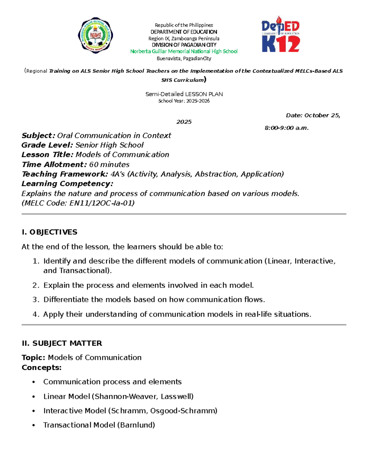 ALS SHS Lesson Plan: Models of Communication (Oral Comm) - Studocu