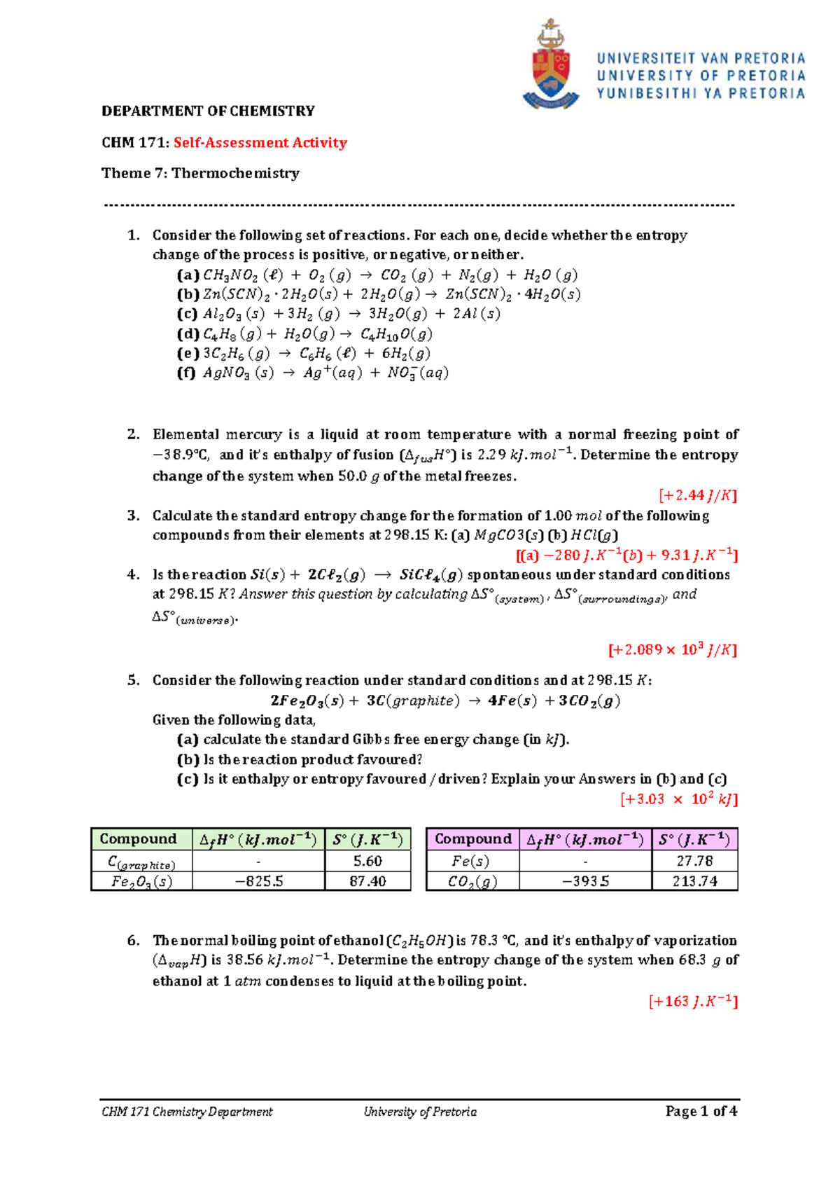 CHM 171: Thermochemistry Self-Assessment Problems - Studocu