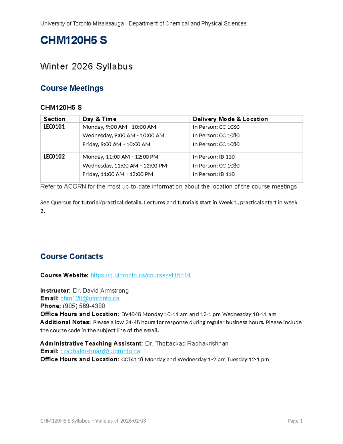 CHM120H5 S Winter 2026 Course Syllabus and Meeting Details - Studocu