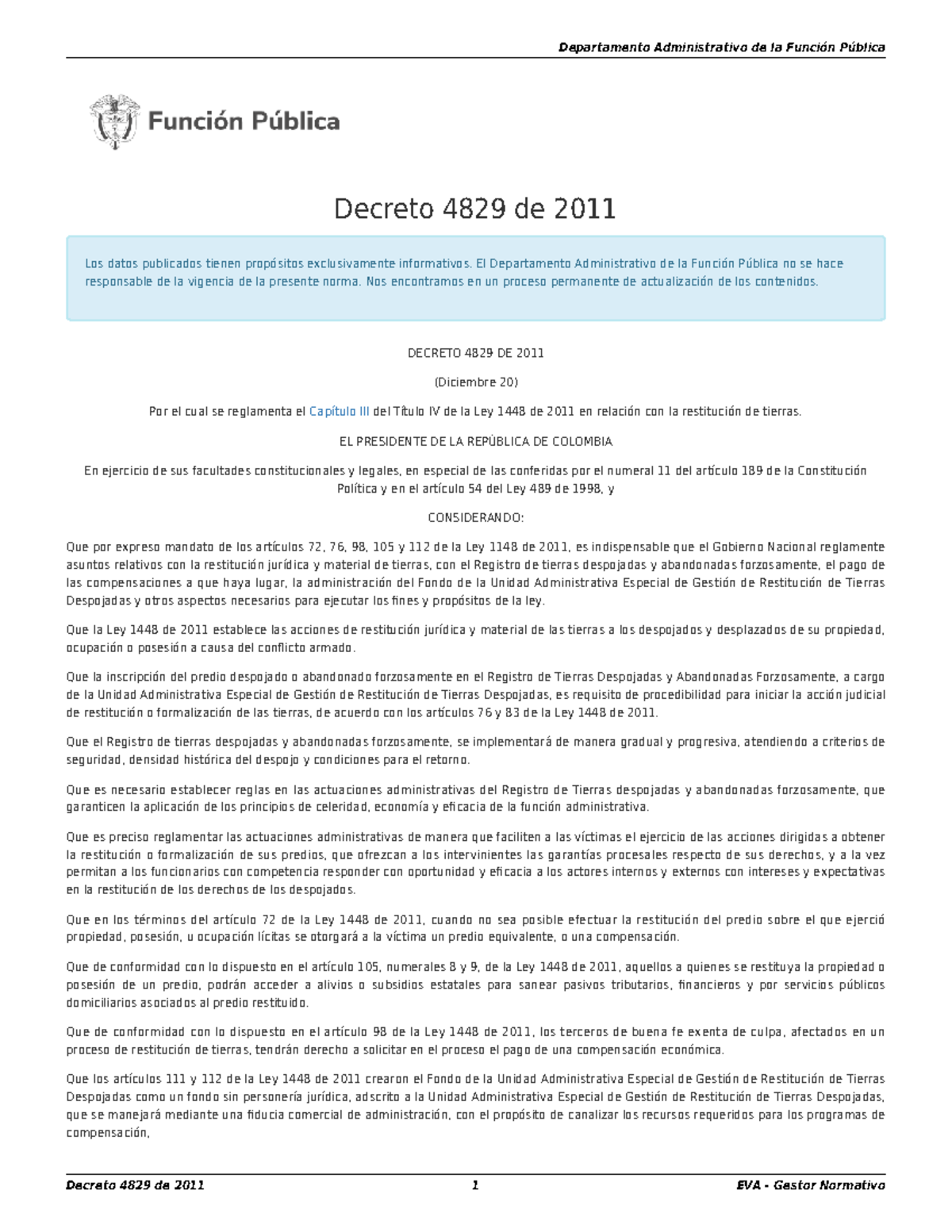 Decreto 4829 de 2011: Regulación de la Restitución de Tierras en ...