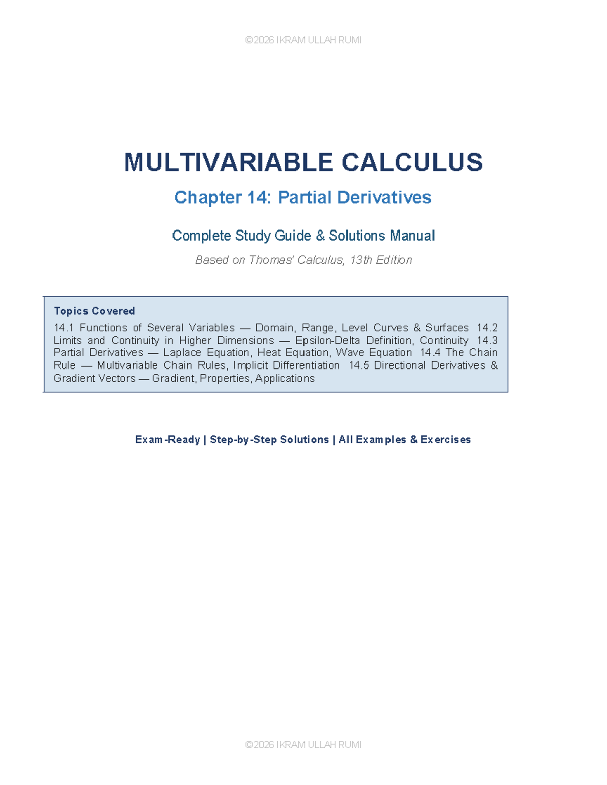 2026 IKRAM ULLAH RUMI MULTIVARIABLE CALCULUS Chapter 14 Study Guide ...