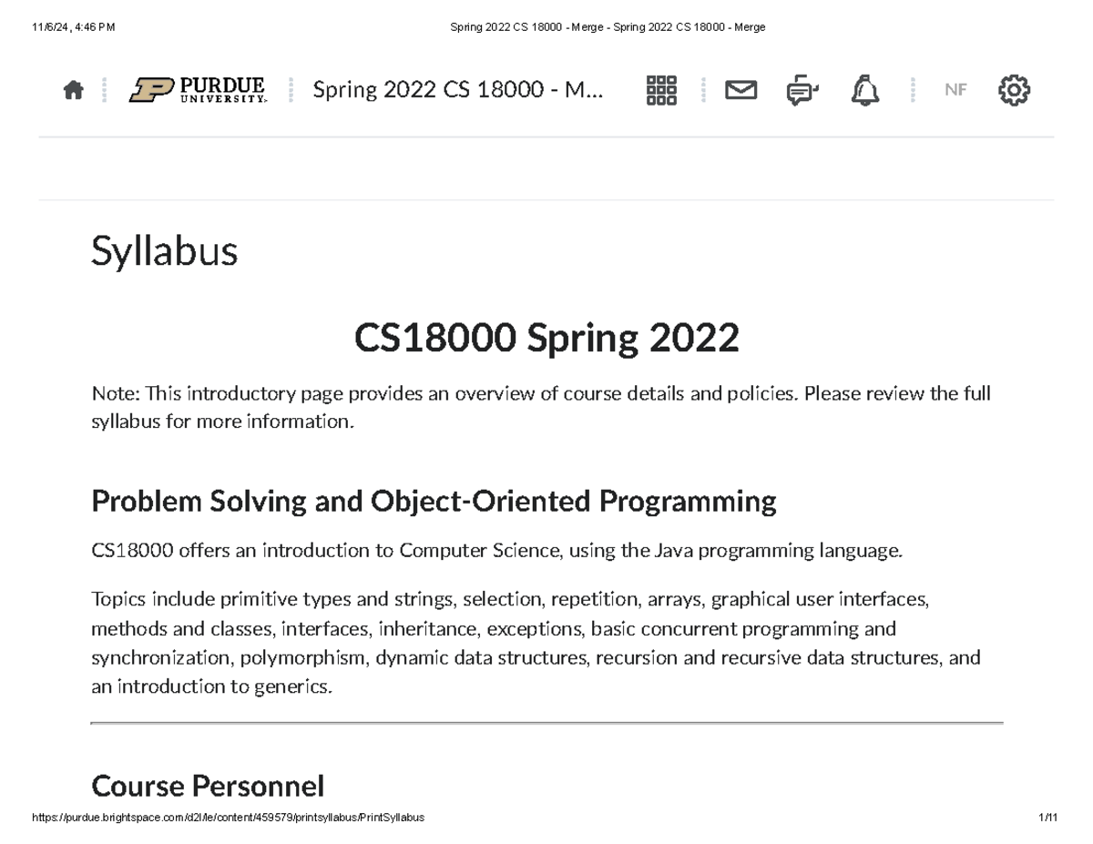 Spring 2022 CS 18000 - Comprehensive Course Syllabus and Policies - Studocu