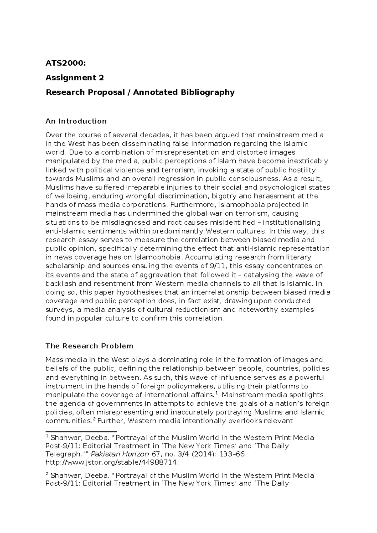 ATS2000 Essay, 1 - Assignment - ATS2000: Assignment 2 Research Proposal ...