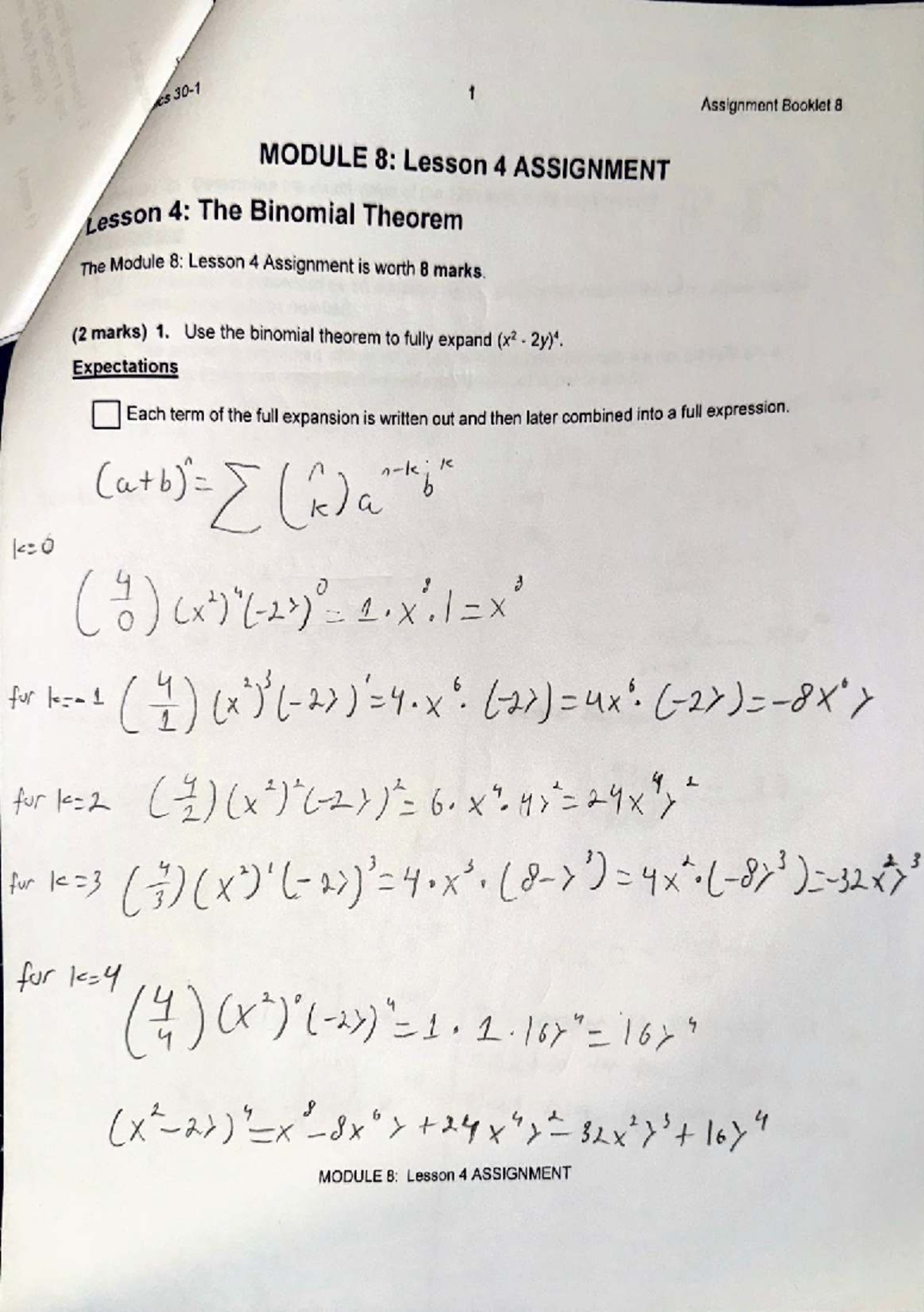 Math 30-1: Module 8 Lesson 4 Assignment on Binomial Theorem - Studocu