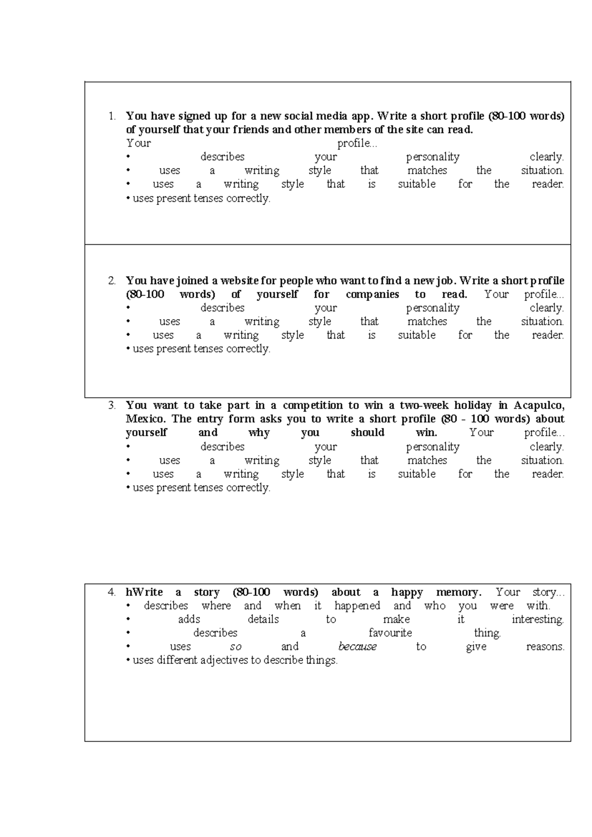 Writing PART 2 - English 1: Profile & Story Assignments - Studocu