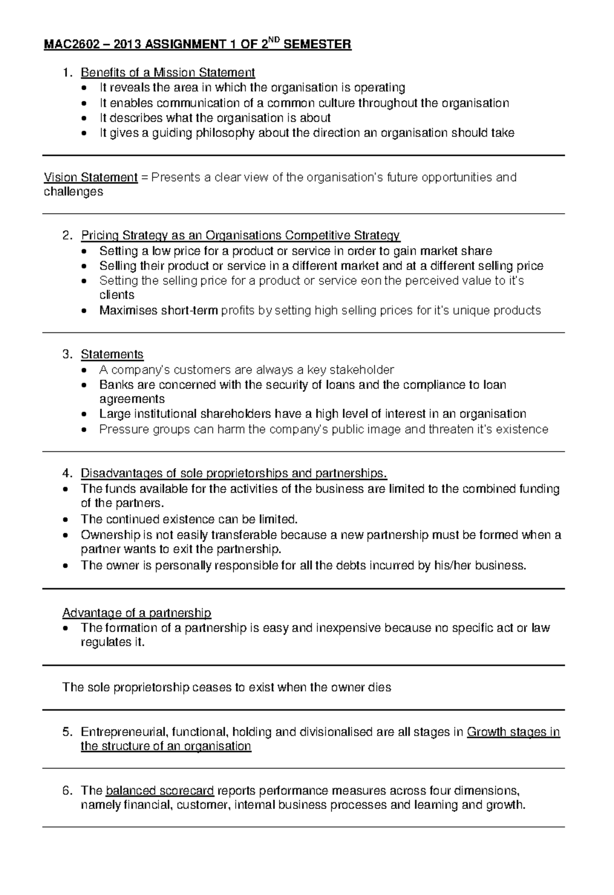 MAC2602 2013 ASSIGNMENT 1: Mission Statements & Pricing Strategies ...
