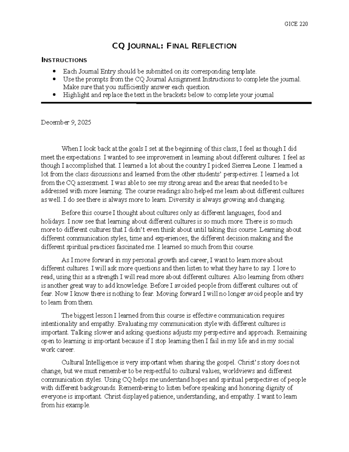 GICE 220 CQ Journal: Final Reflection on Cultural Learning - Studocu