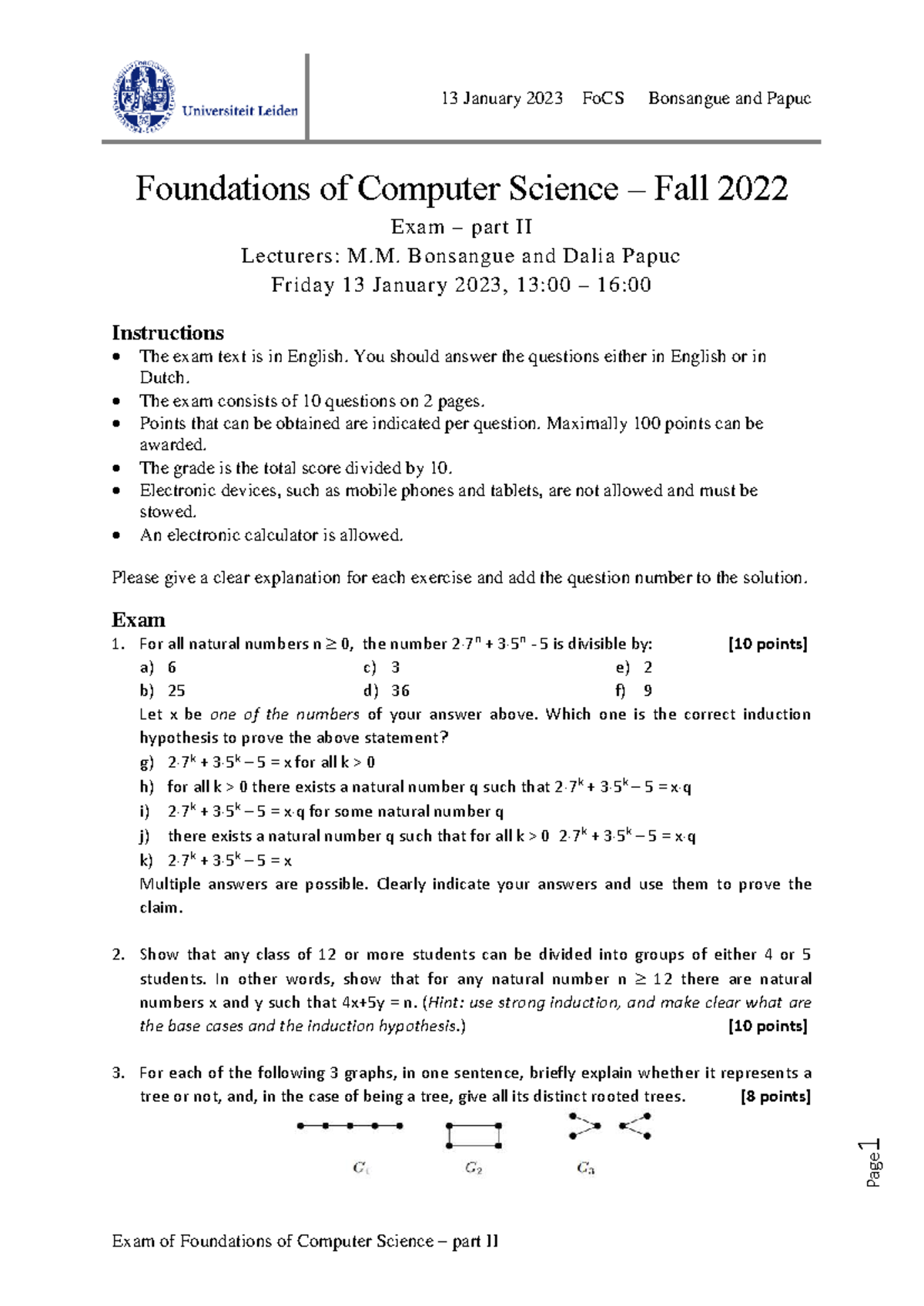FoCS 2022 Exam Part II - Practice Exam by Bonsangue & Papuc - Studeersnel