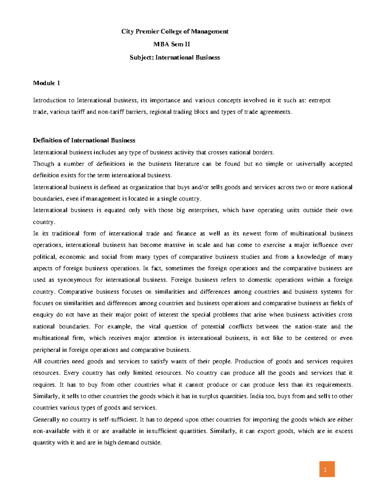MBA Sem II IB Module 1 - international business - City Premier College ...