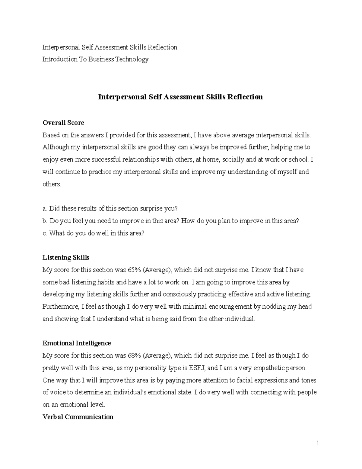 Interpersonal Skills Self-Assessment Reflection: Introduction to ...