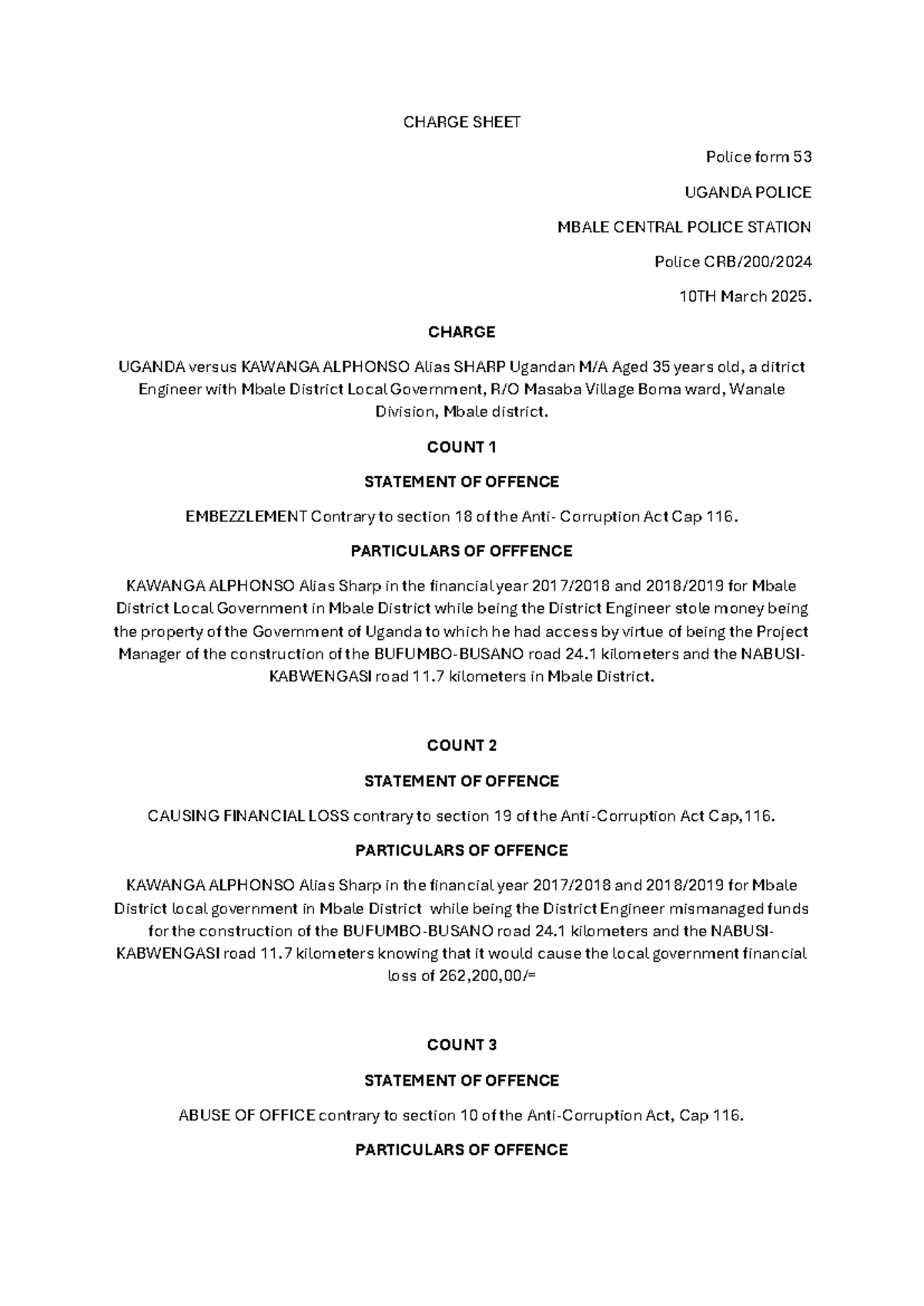 Charge Sheet: Uganda vs. Kawanga Alphonso - Embezzlement & Abuse of ...