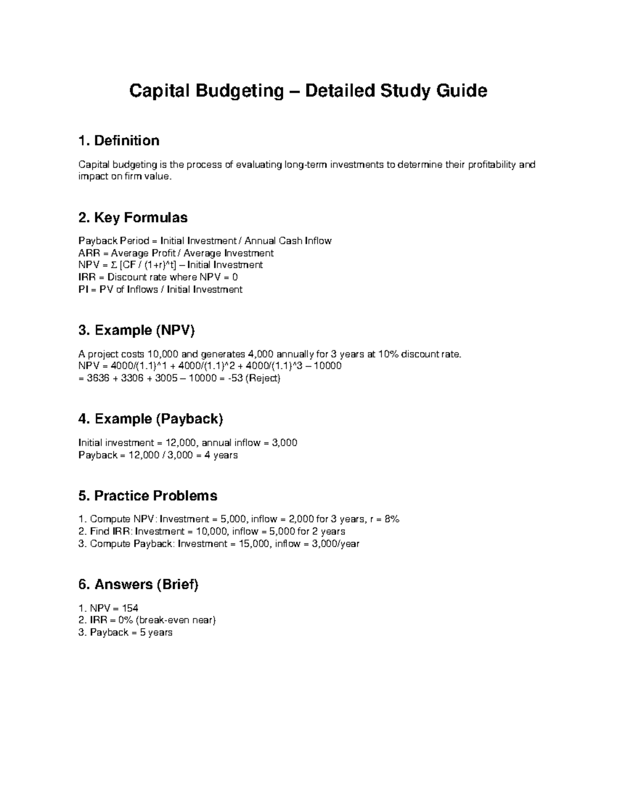 Capital Budgeting Study Guide: Key Concepts & Formulas - Studocu