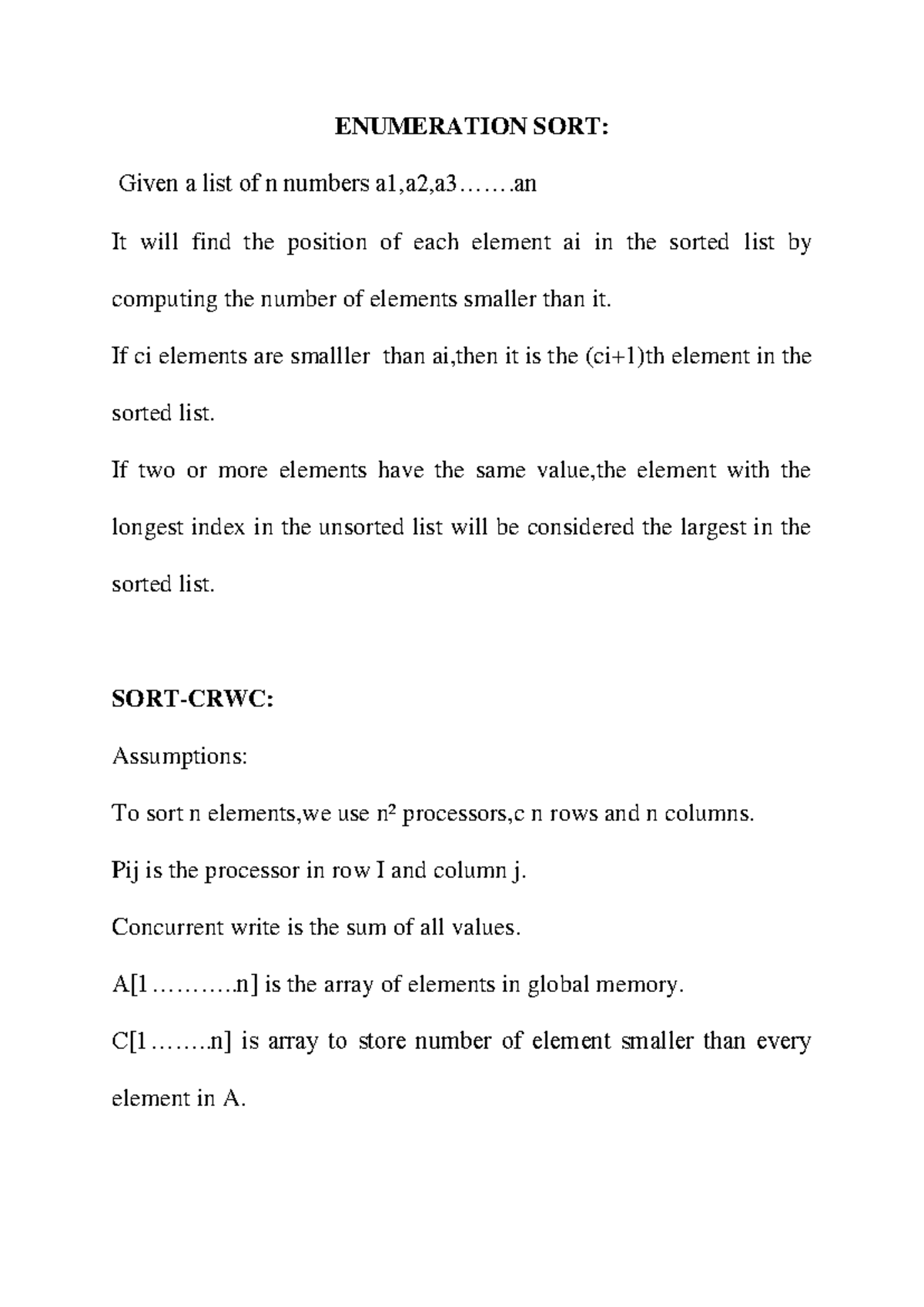 Enumeration SORT - ENUMERATION SORT: Given a list of n numbers a1,a2,a3 ...