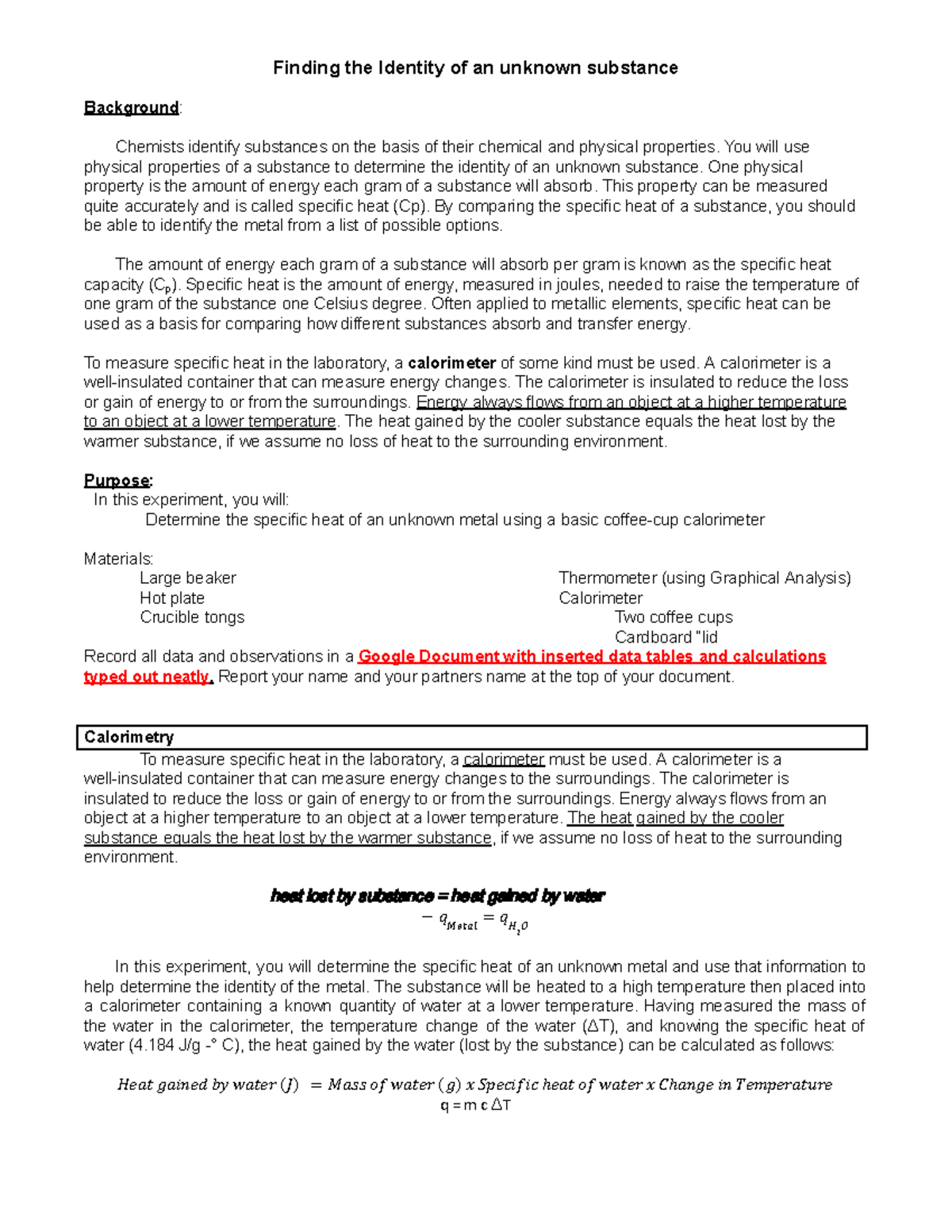 Finding the Specific Heat of an Unknown Metal - Lab Report (CHEM 101 ...