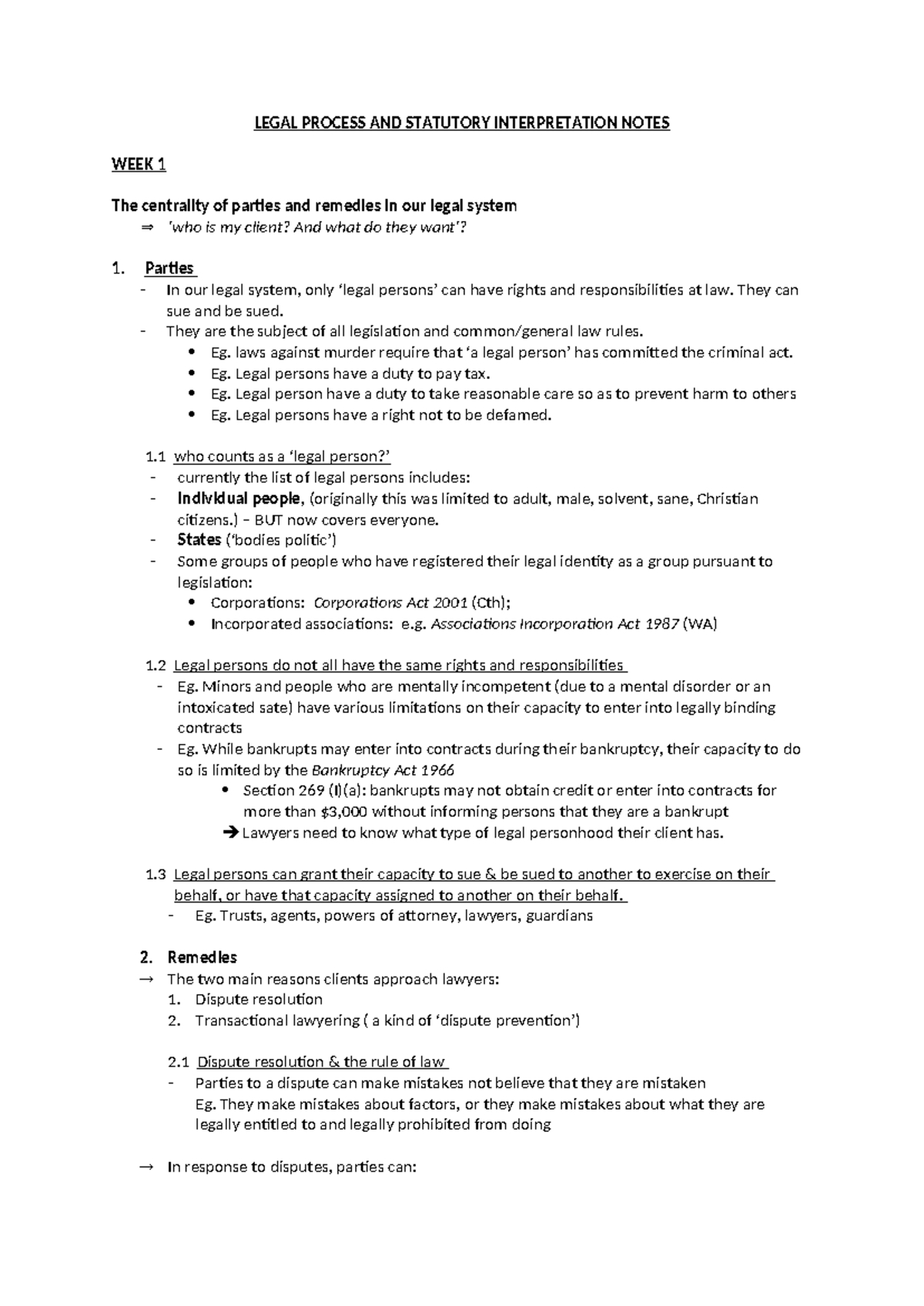 LAWS1010 - Legal Process & Statutory Interpretation Notes Week 1 - Studocu