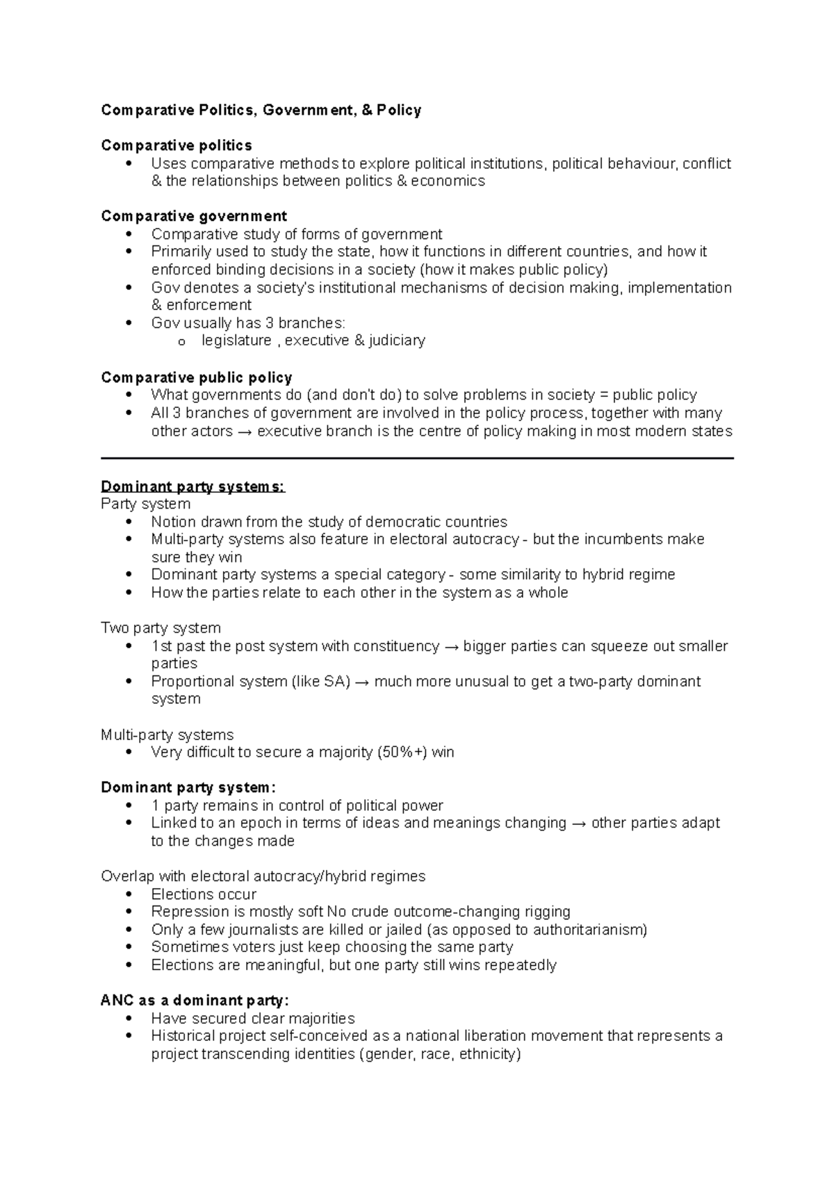 Comparative Politics Exam Notes: Government, Policy, and Dominant Parties - Studocu