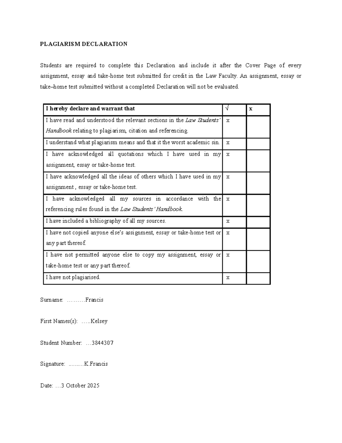 LLW Test 2 - Plagiarism Declaration and Legal Framework Analysis - Studocu