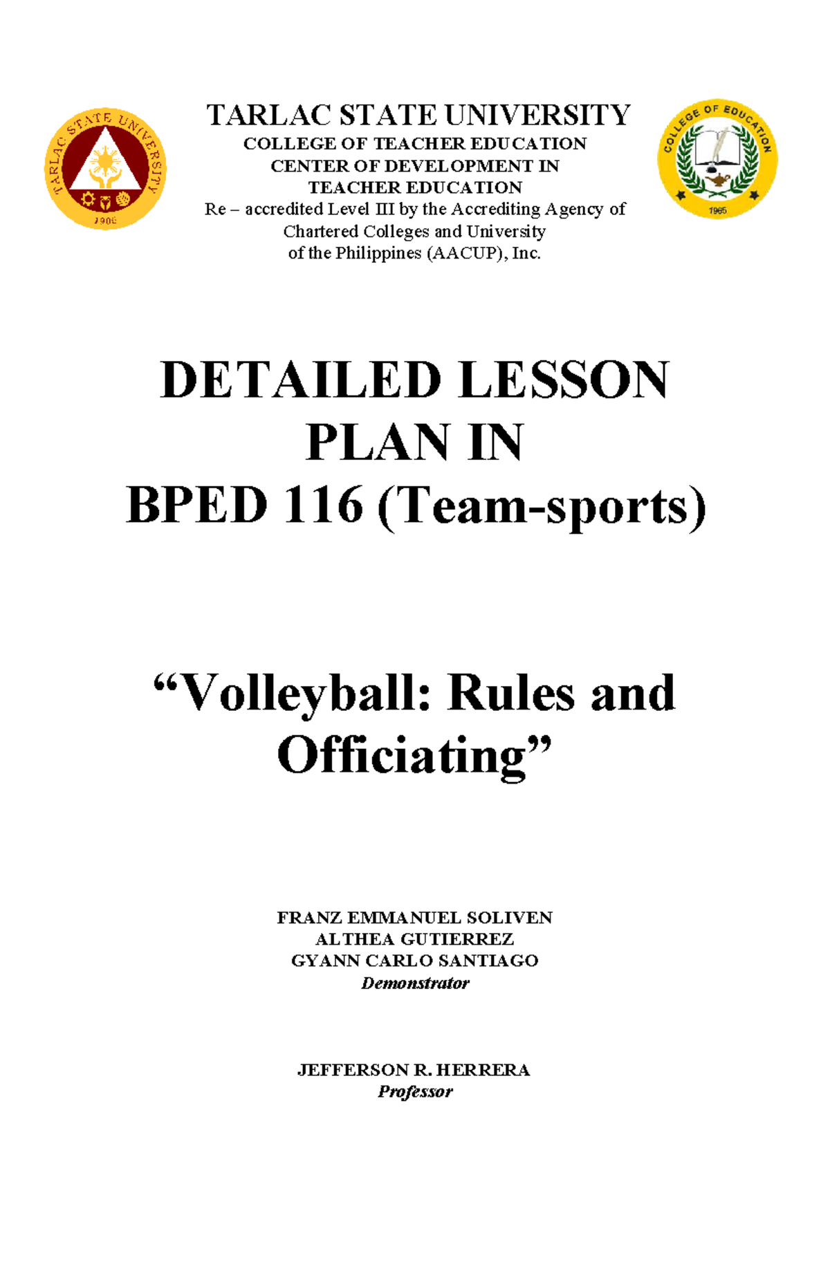 DLP in BPED 116: Volleyball Rules & Officiating Lesson Plan - Studocu