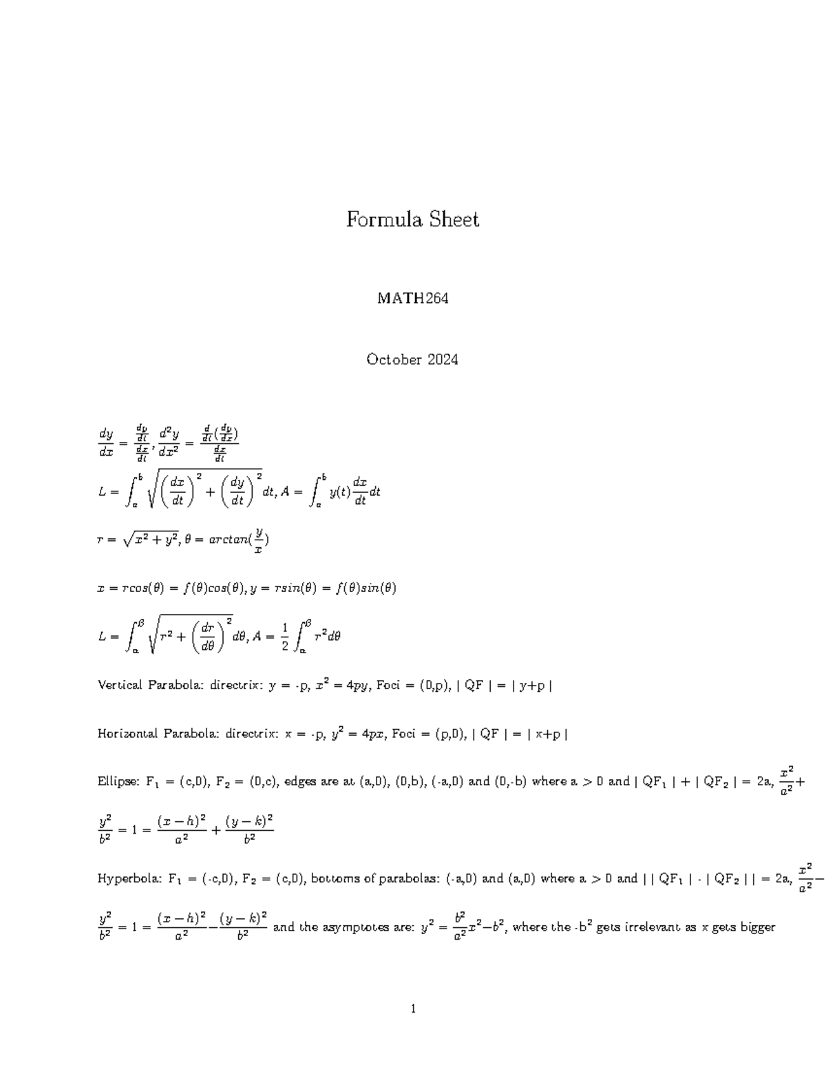 MATH264 F24 - Personal summary for math 264 Fall 2024 - Formula Sheet ...
