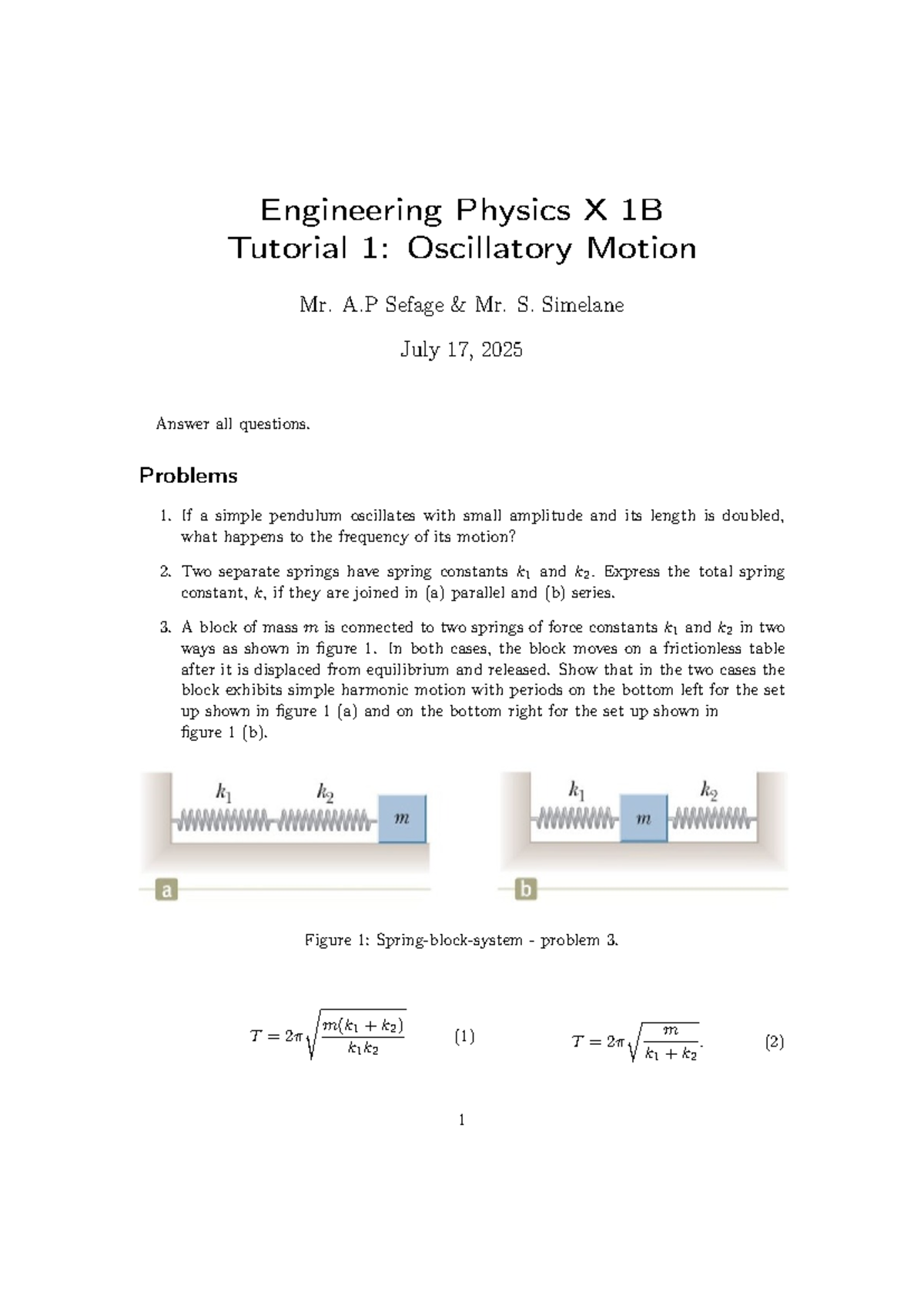 Engineering Physics X 1B Tutorial 1: Oscillatory Motion (2025) - Studocu
