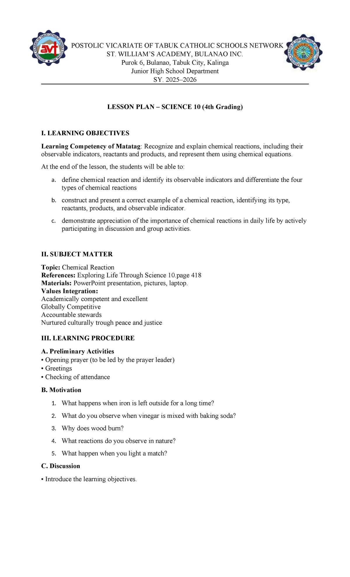 Science 10 Lesson Plan: Understanding Chemical Reactions - Studocu