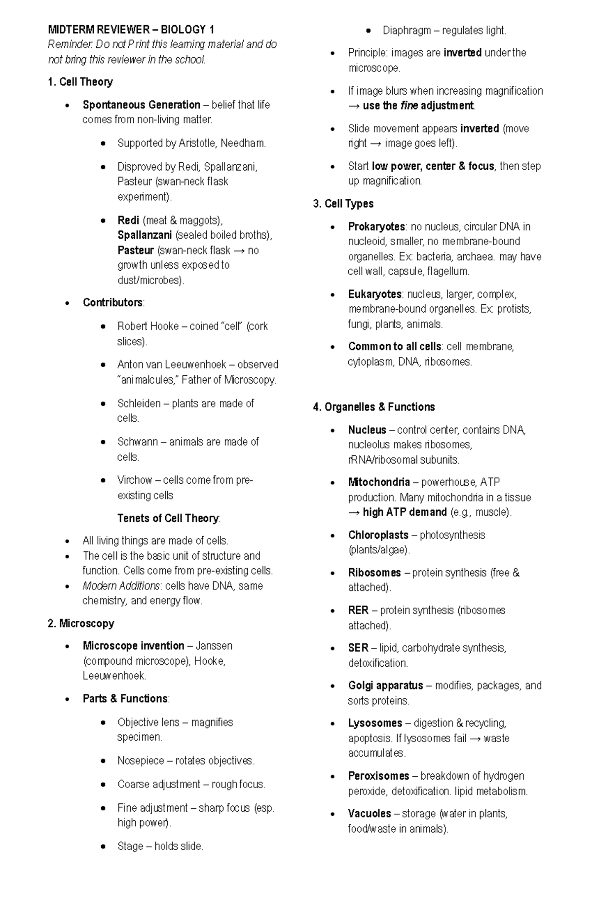 BIO 1 MIDTERM REVIEWER: CELL THEORY & MICROSCOPY NOTES - Studocu