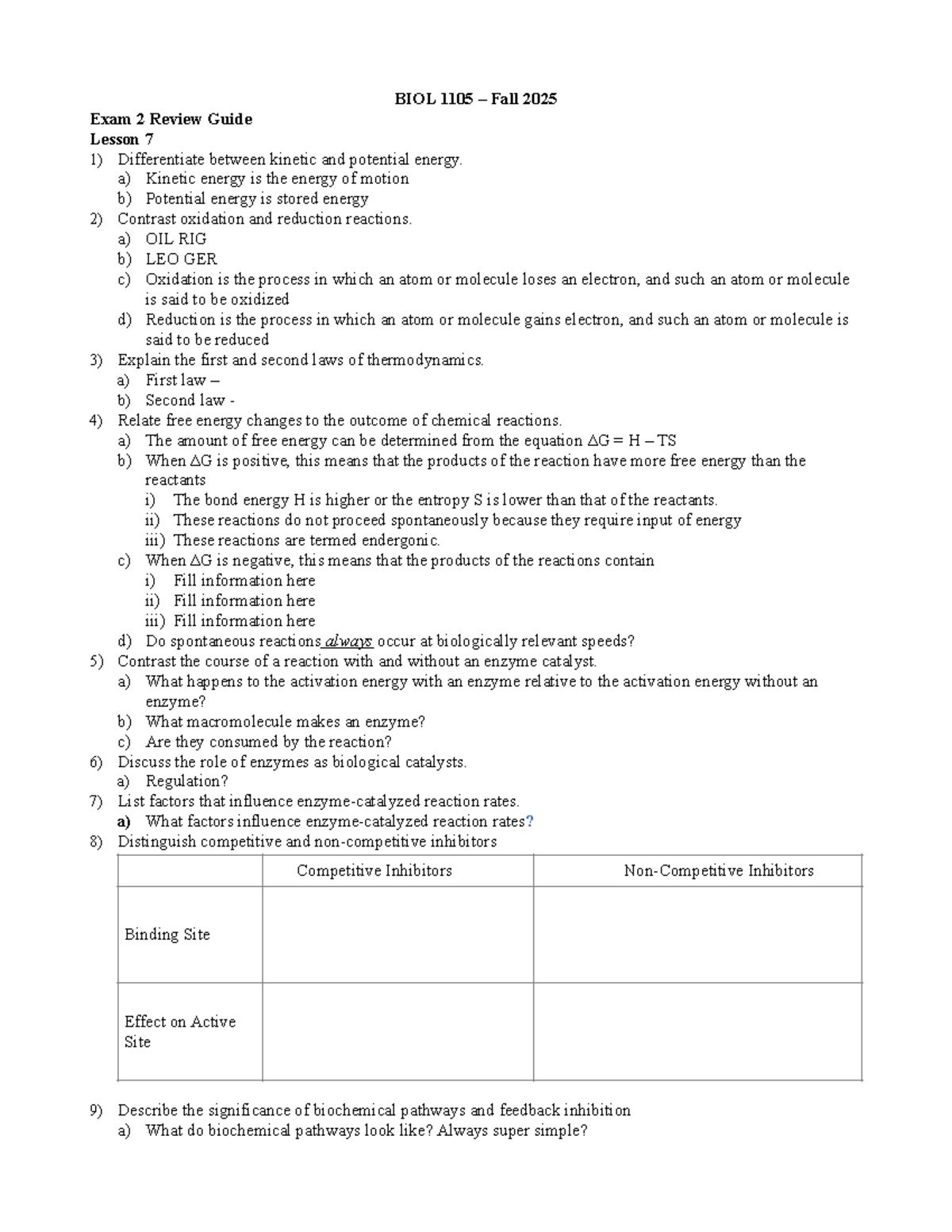 BIOL 1105 Fall 2025 Exam 2 Comprehensive Review Guide - Studocu