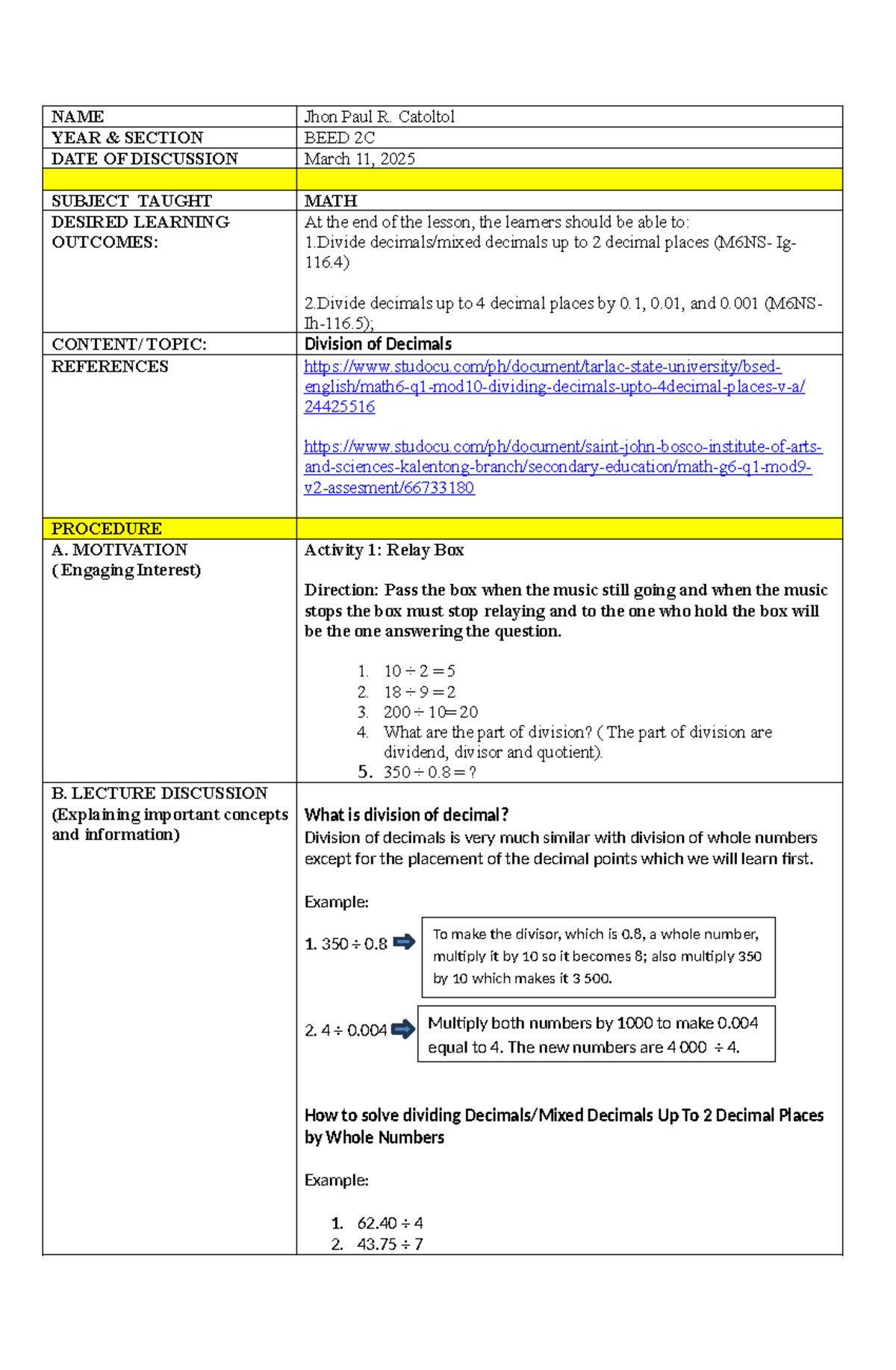 Lesson Guide Format catoltol - NAME Jhon Paul R. Catoltol YEAR ...