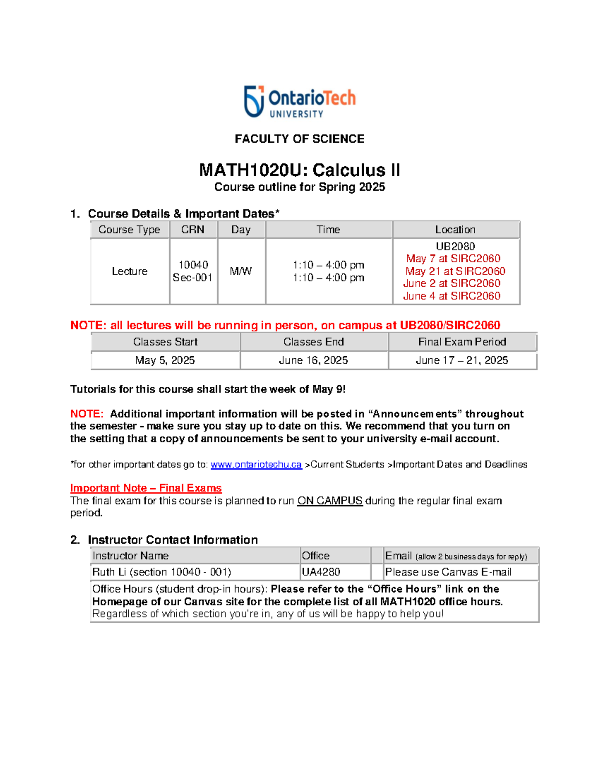 MATH1020U: Calculus II Course Outline for Spring 2025 - Studocu