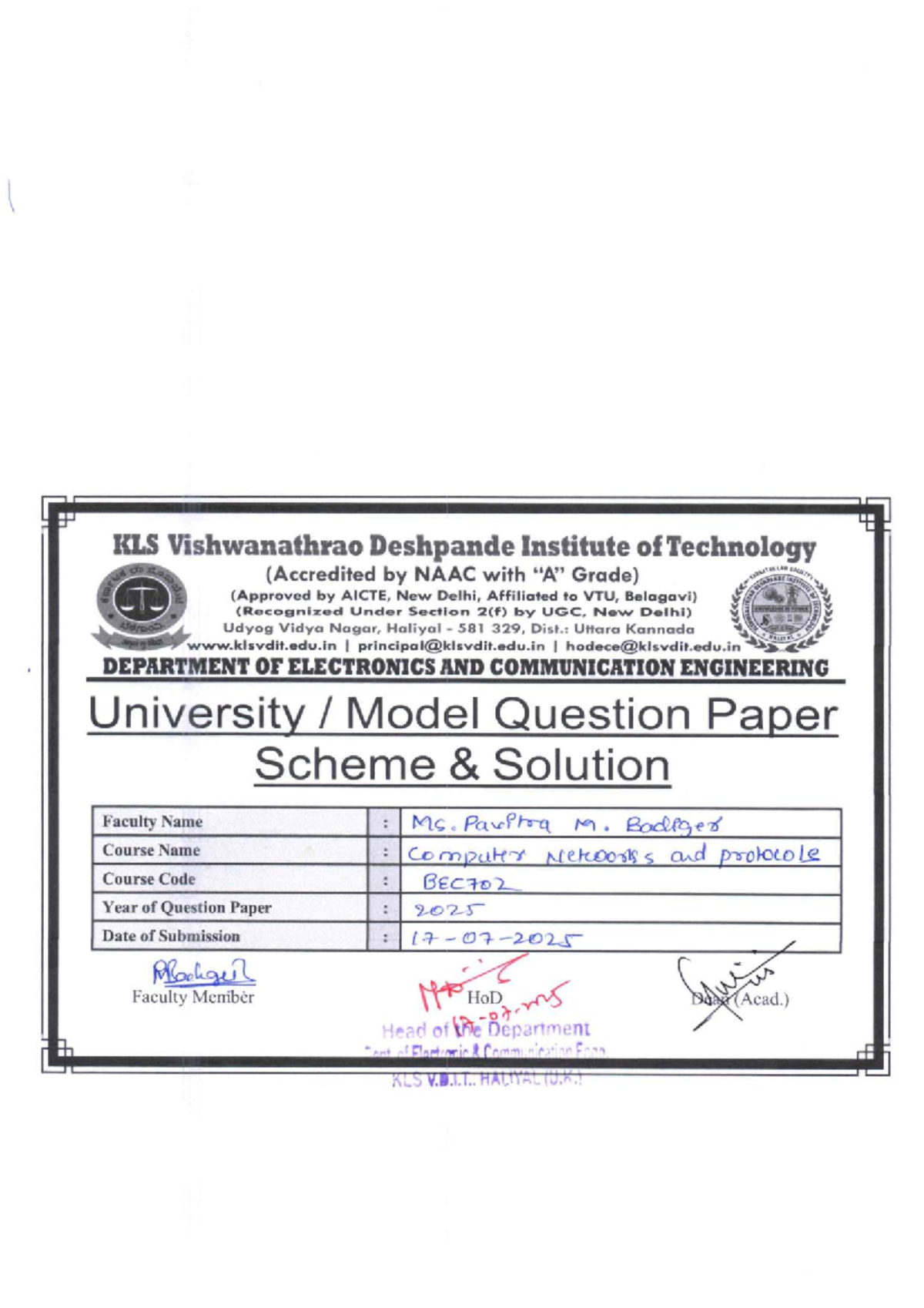 BEC702 Model Question Paper Solutions: Computer Networks & Protocols ...